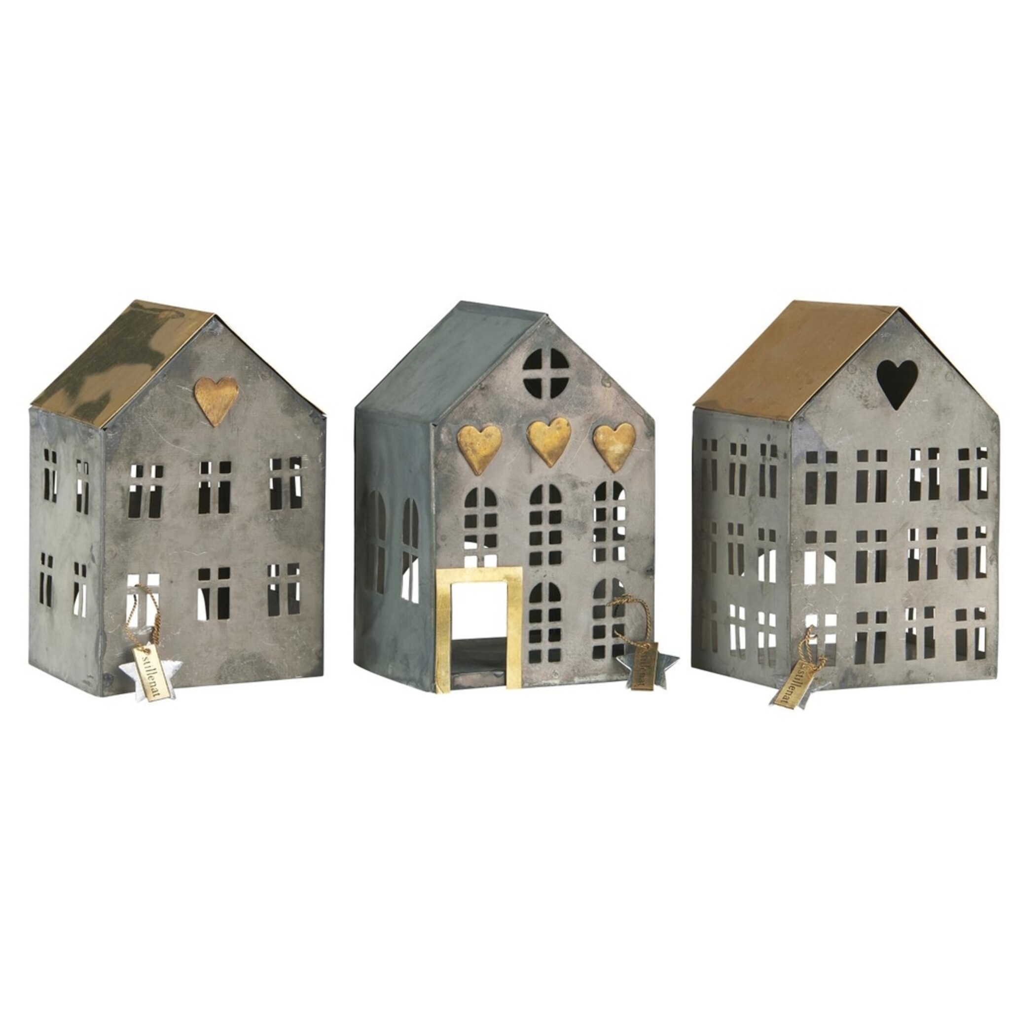 Metall Teelichthäuser Stillenat 3er Set, grau 8 x 7 x 13 cm