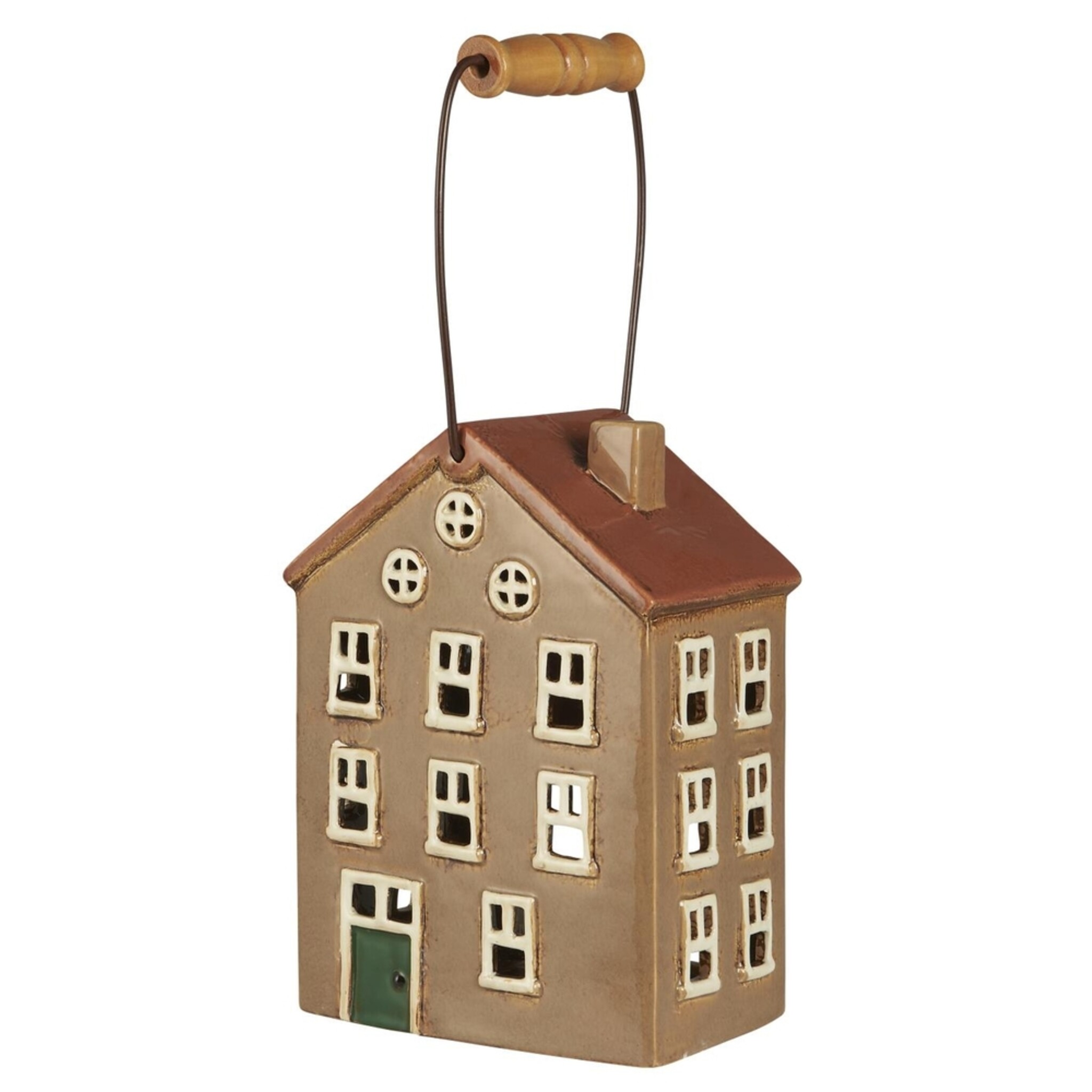 Teelicht Häuschen aus Keramik Nyhavn mit Holzgriff, braun 