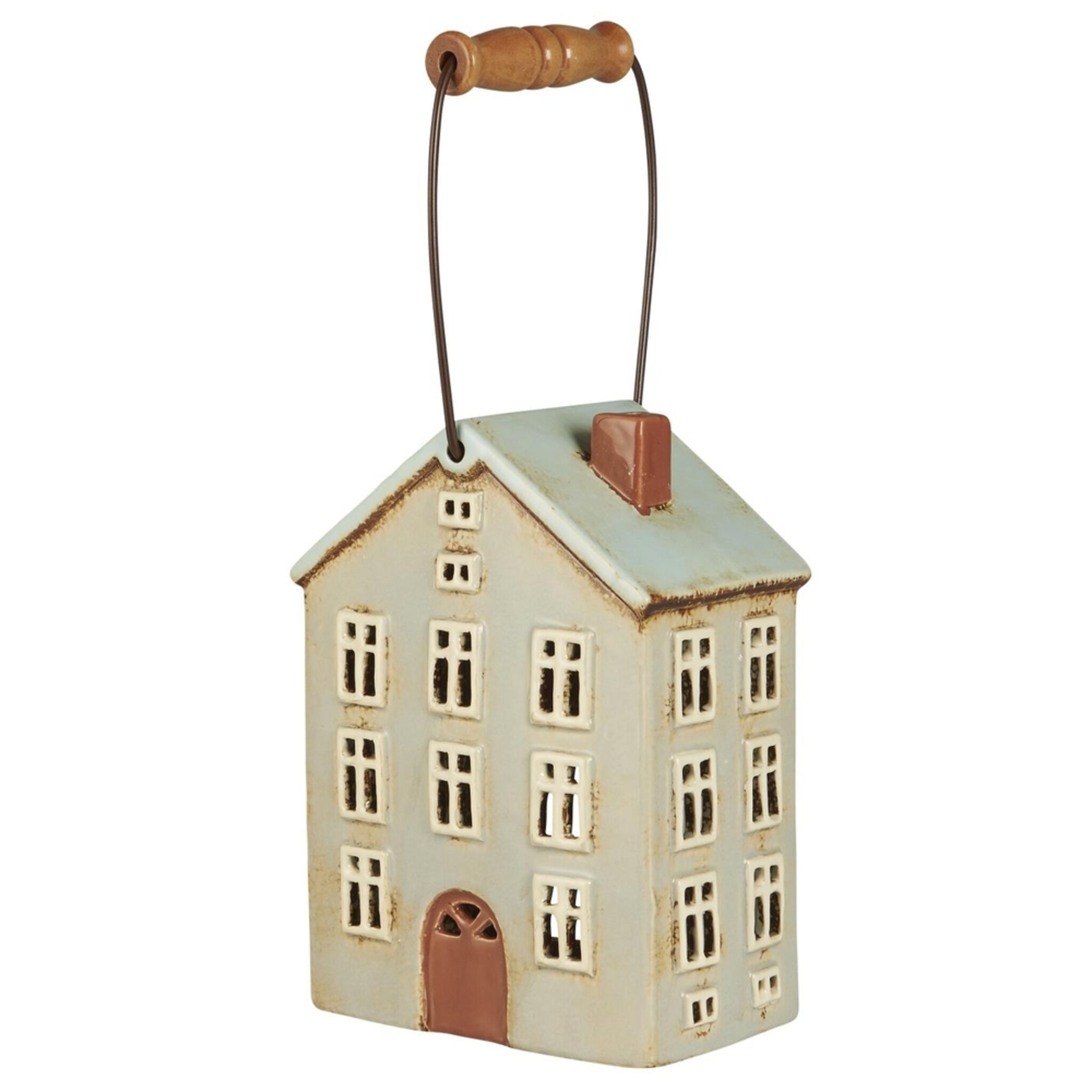 Teelicht Häuschen aus Keramik Nyhavn mit Holzgriff, hellblau 