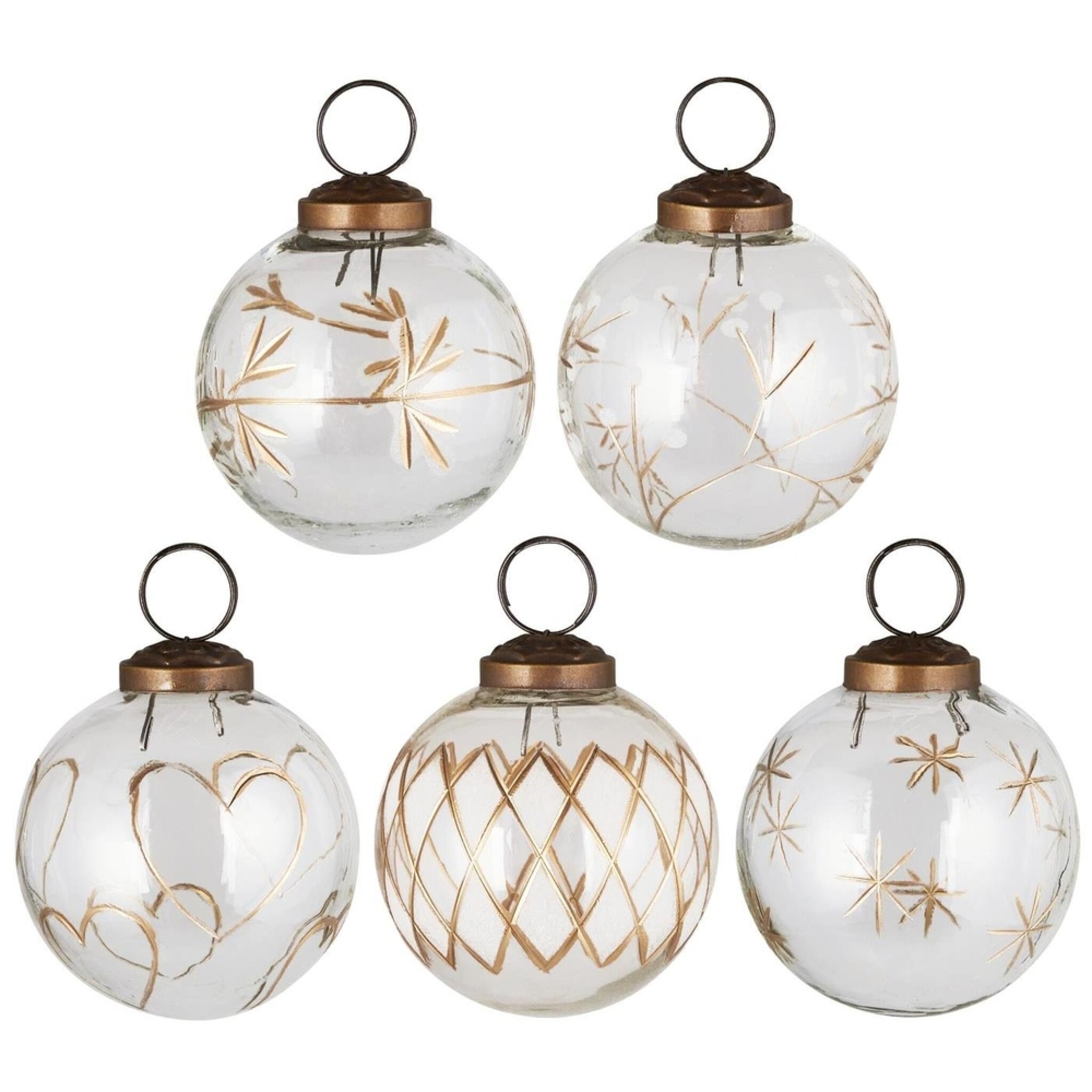 Weihnachtskugel 5er-Set mit goldfarbener Eingravierung, transparent Höhe 7, Ø 6.3 cm