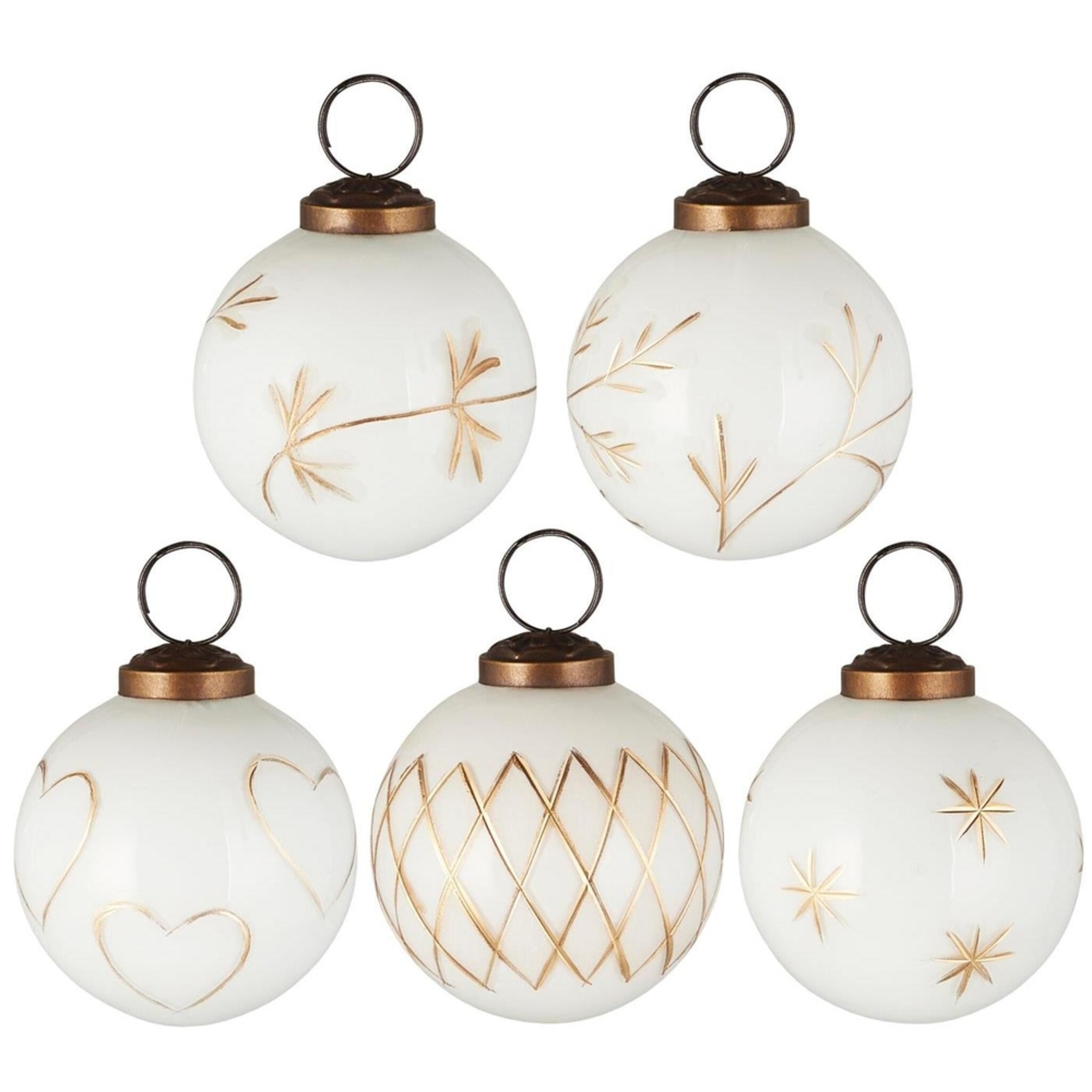 Weihnachtskugel 5er-Set mit goldfarbener Eingravierung, weiss Höhe 7, Ø 6.3 cm