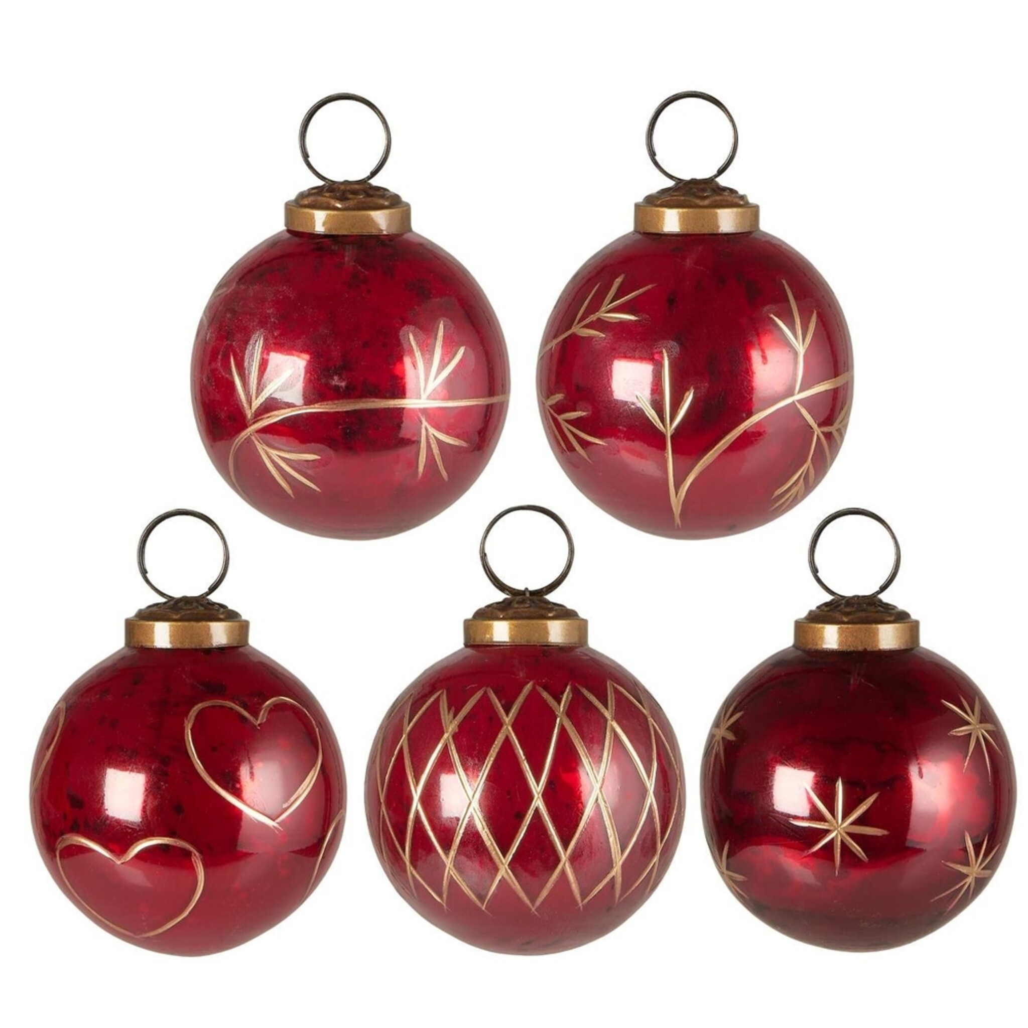 Weihnachtskugel 5er-Set mit goldfarbener Eingravierung, rot Höhe 7, Ø 6.3 cm