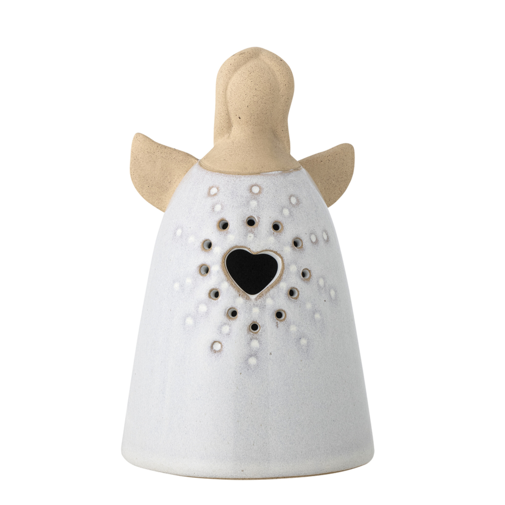 Deko Engel mit Licht aus Steingut, weiss 