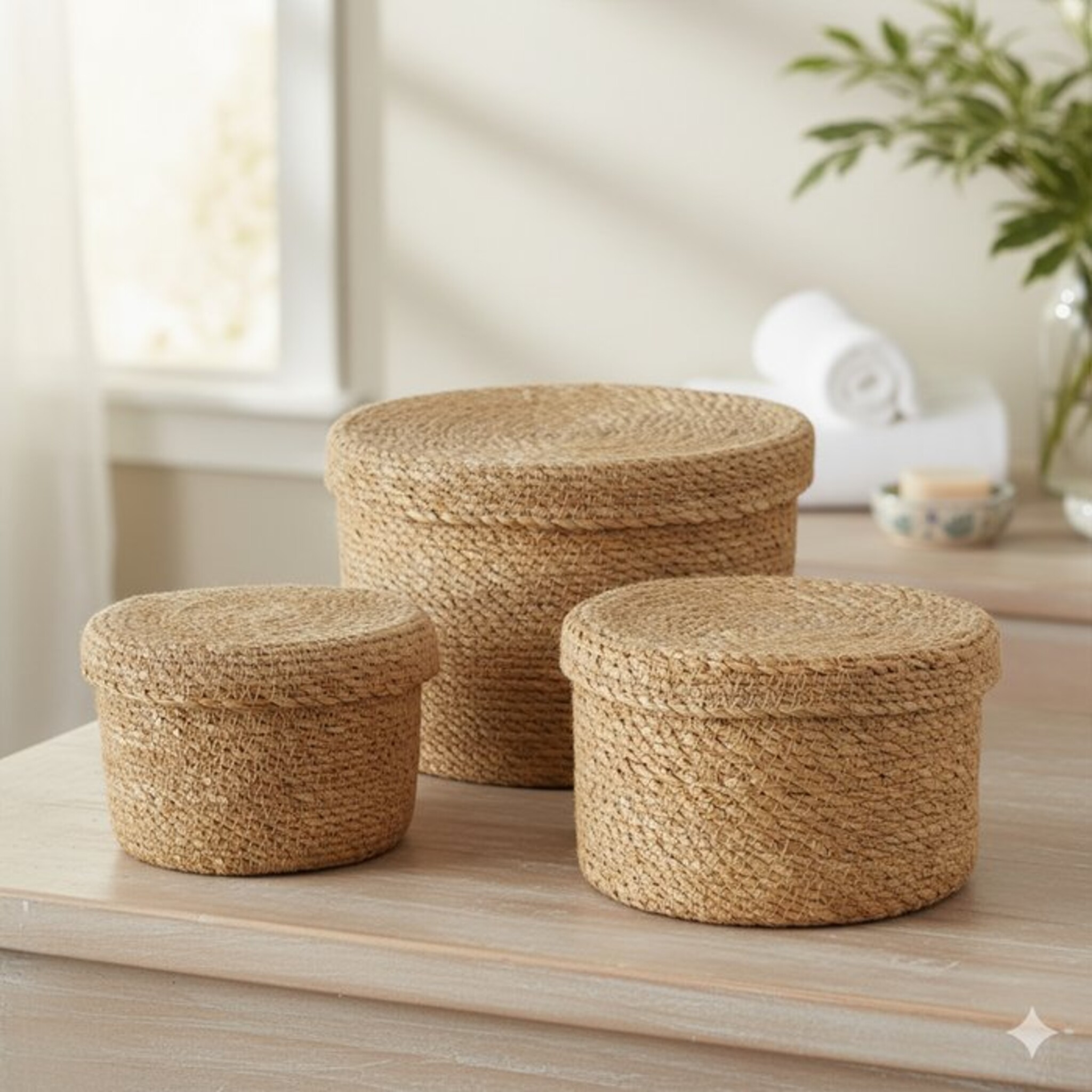 Körbe mit Deckel aus Seegras Sophy, 3er Set, natur 