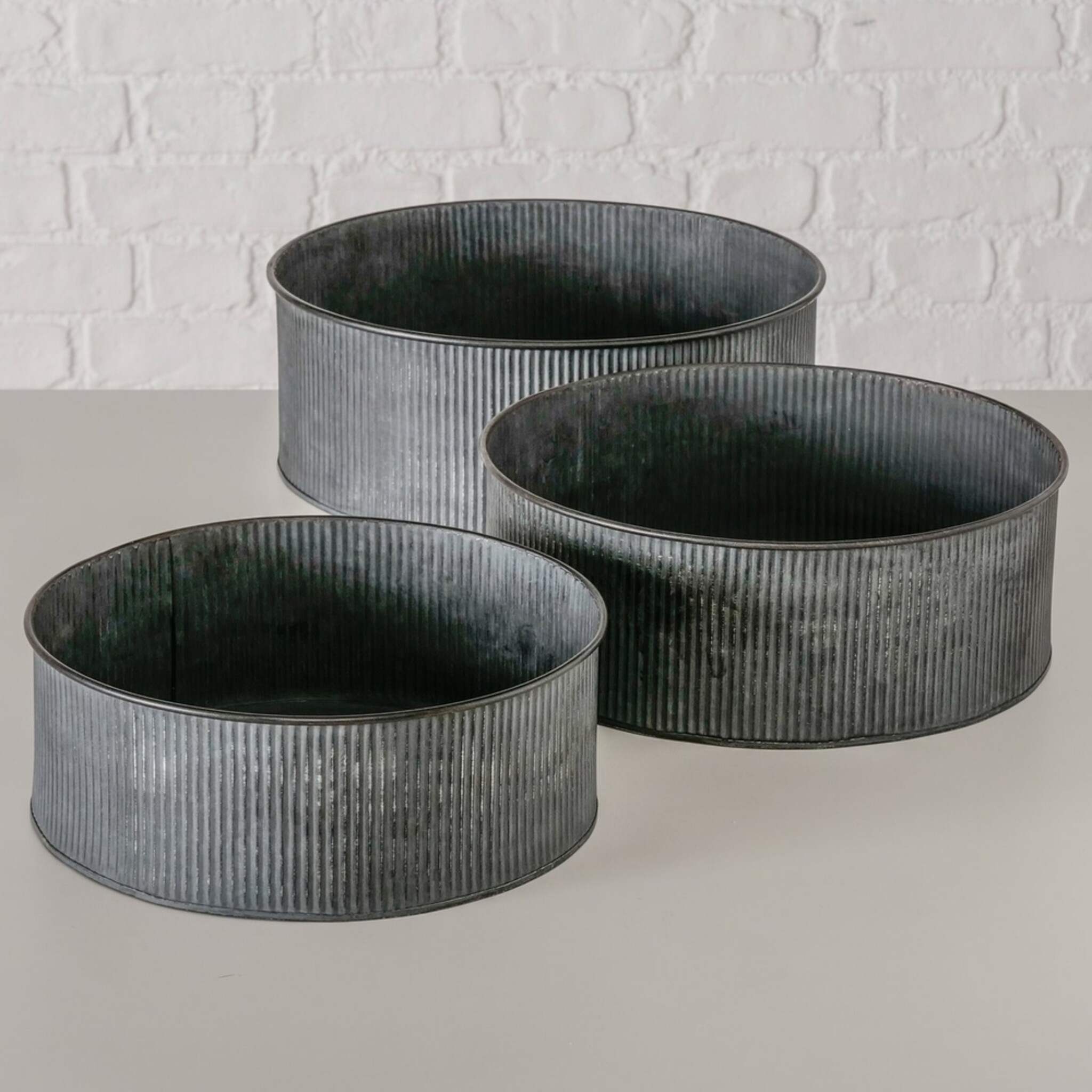 Metall Übertopf Bionda flach, 3er Set, grau 