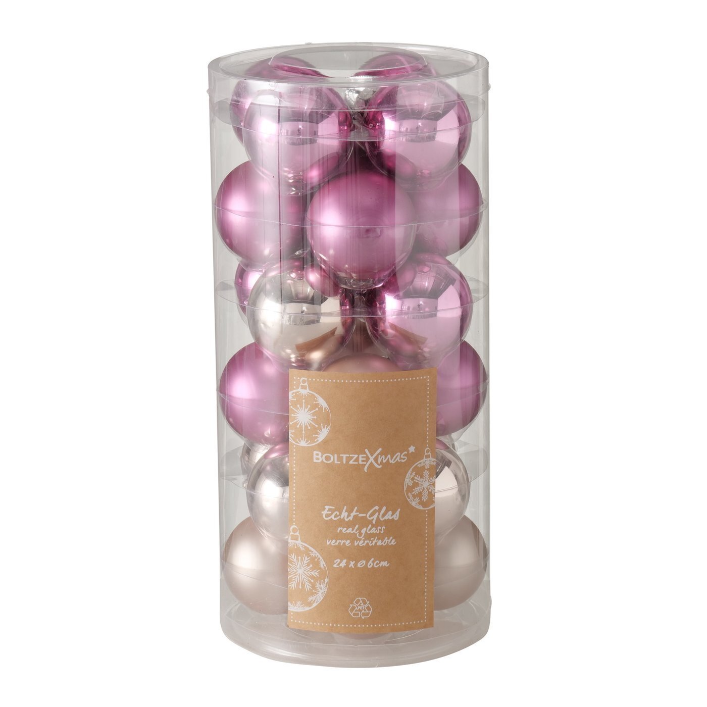 Weihnachtskugeln Ø 6 cm, 24 tlg, dunkelrosa, hellrosa 