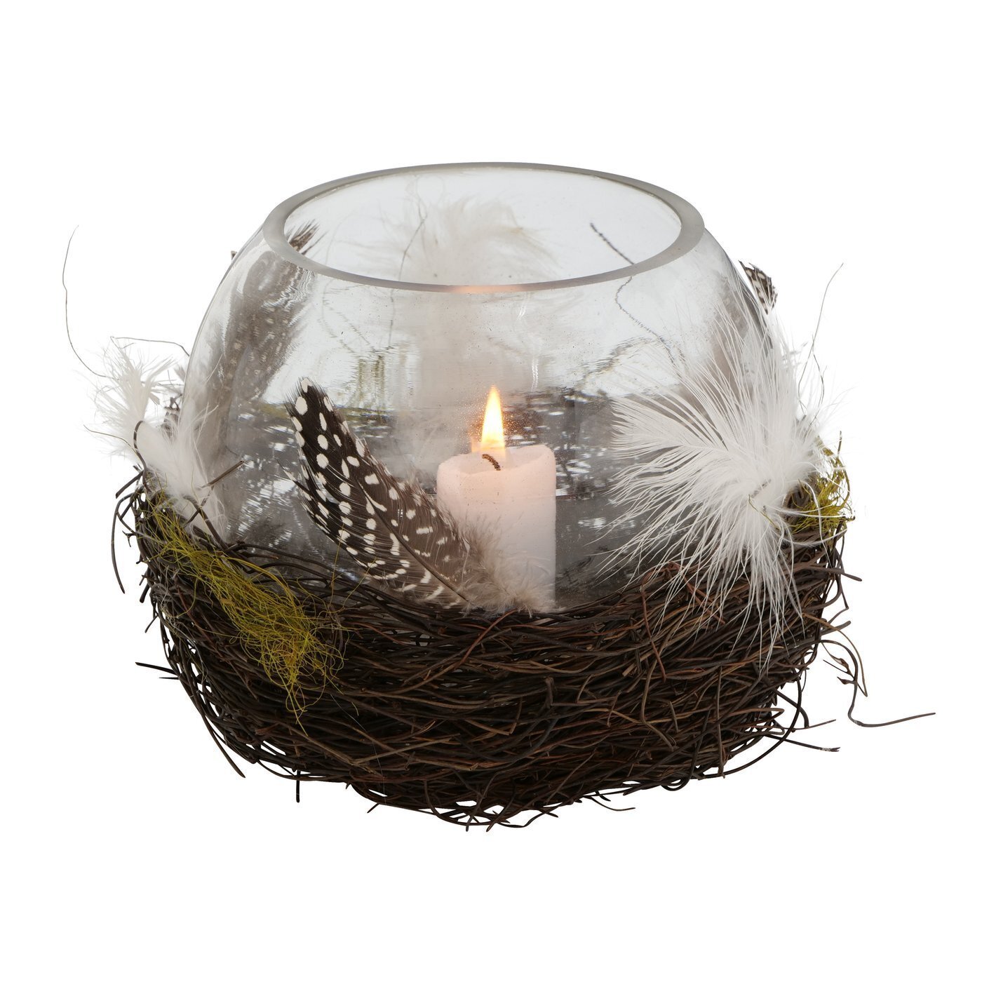 Windlicht Emil mit Federn, braun 14 cm