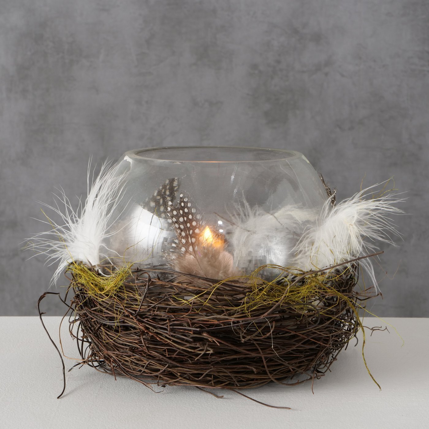 Windlicht Emil mit Federn, braun 14 cm