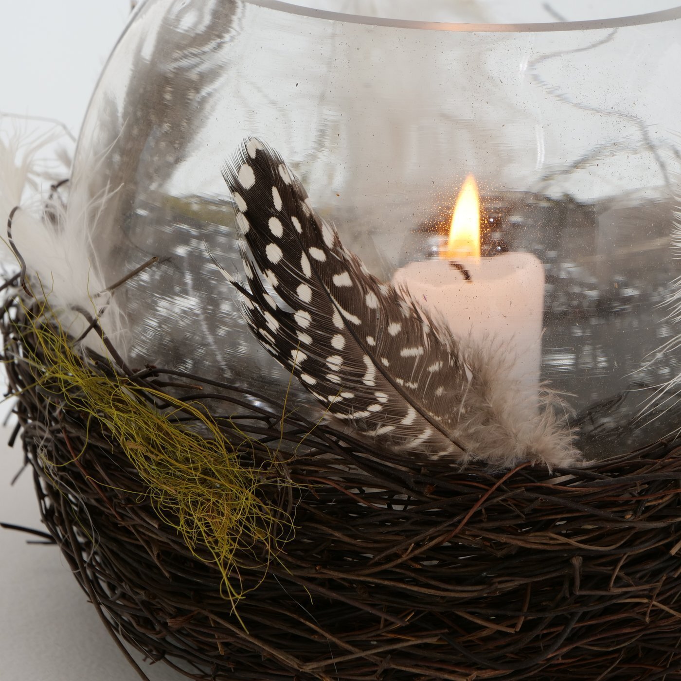 Windlicht Emil mit Federn, braun 14 cm