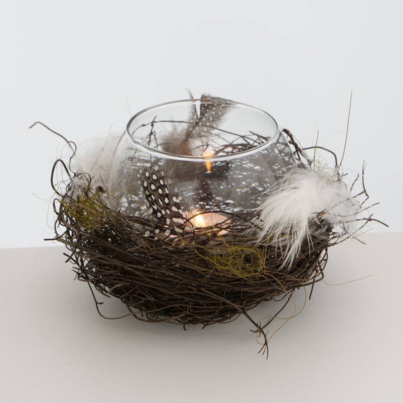 Windlicht Emil mit Federn, braun 9,5 cm