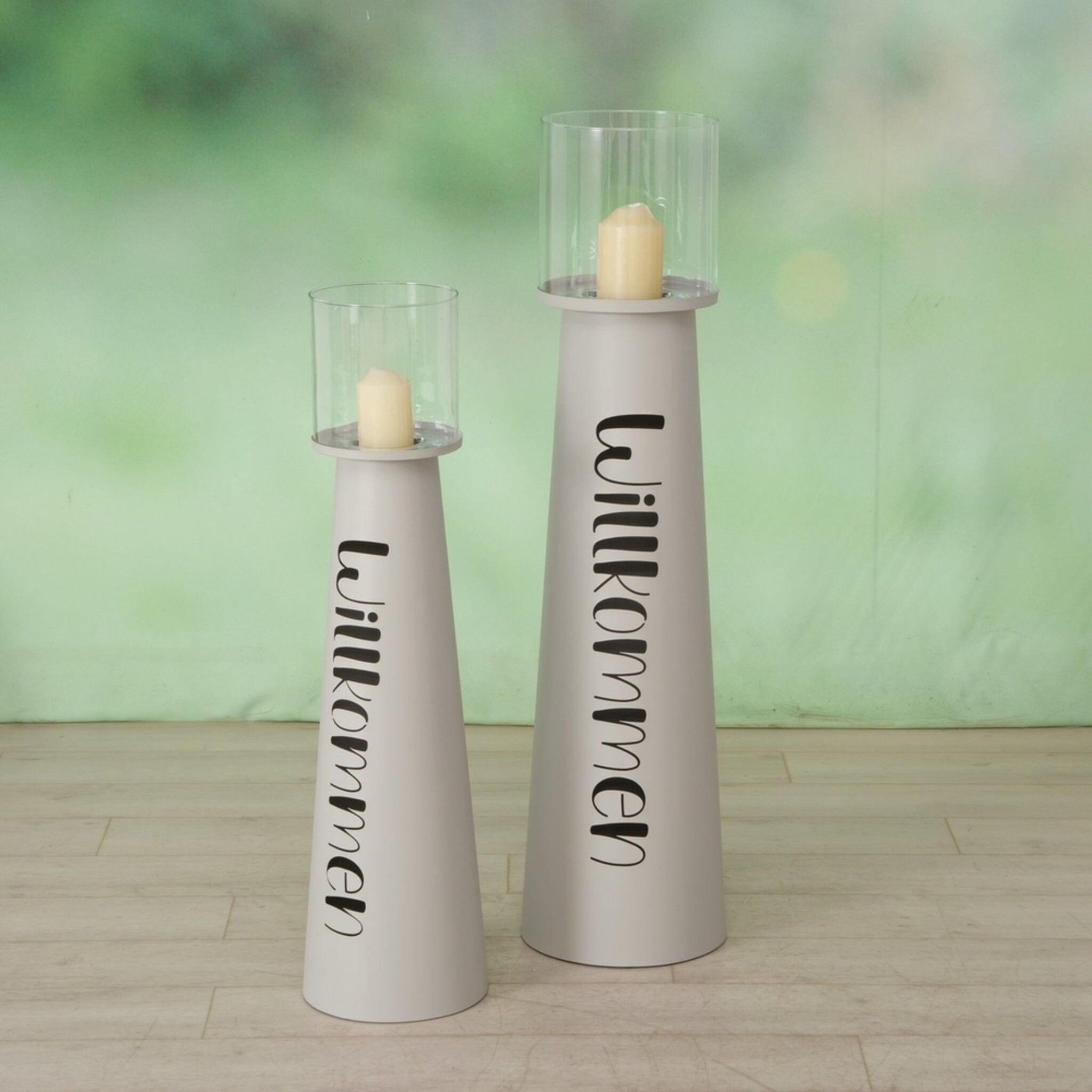 Windlicht Willkommen aus Eisen, 2er Set, beige 