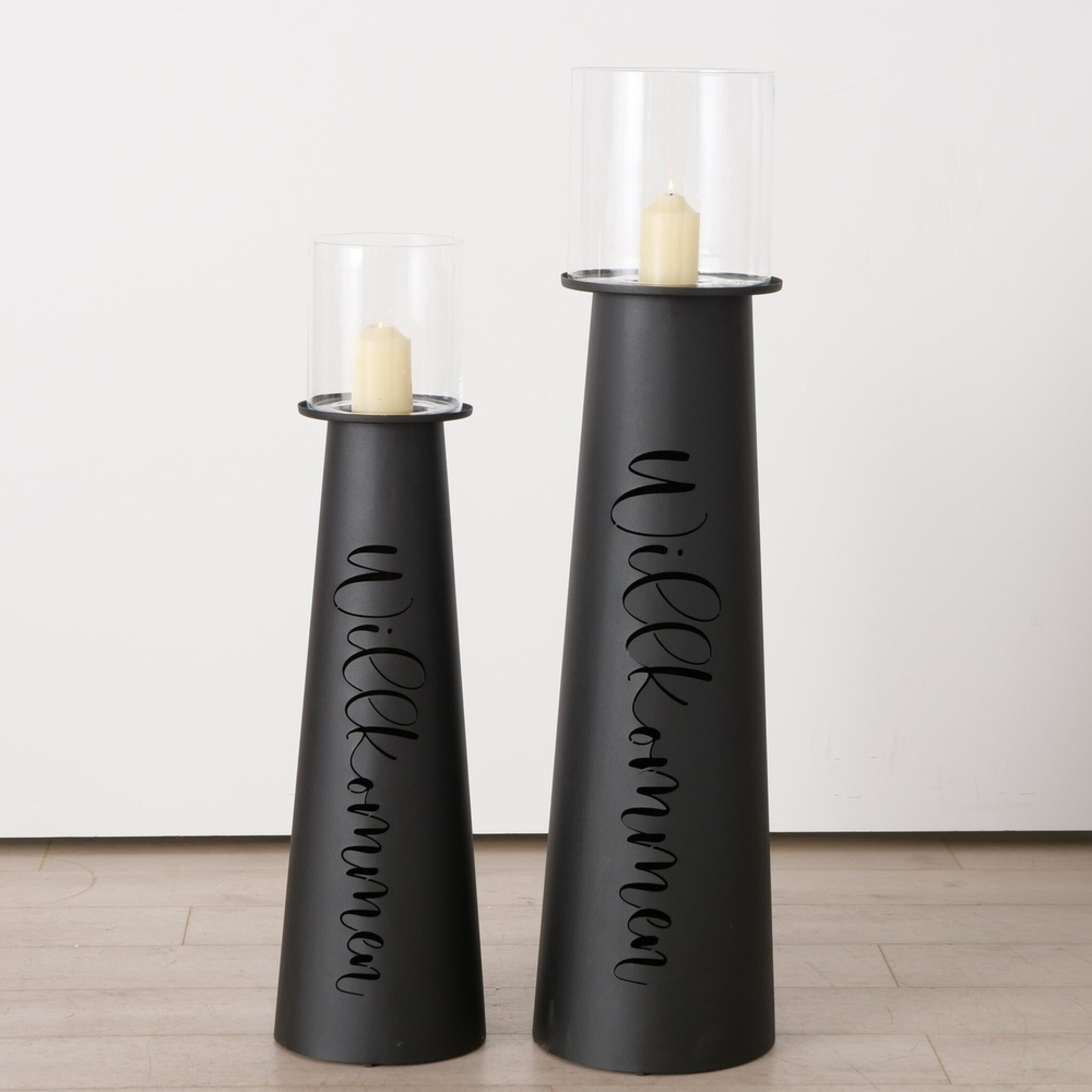 Windlicht Willkommen aus Eisen, 2er Set, schwarz 