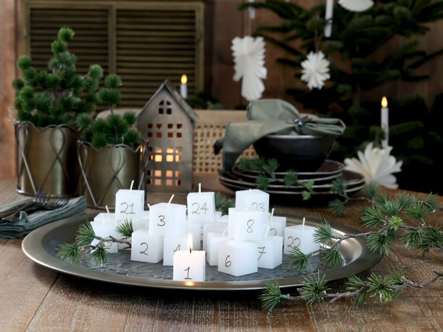 Adventskalender Kerzen 24 Stück, weiss