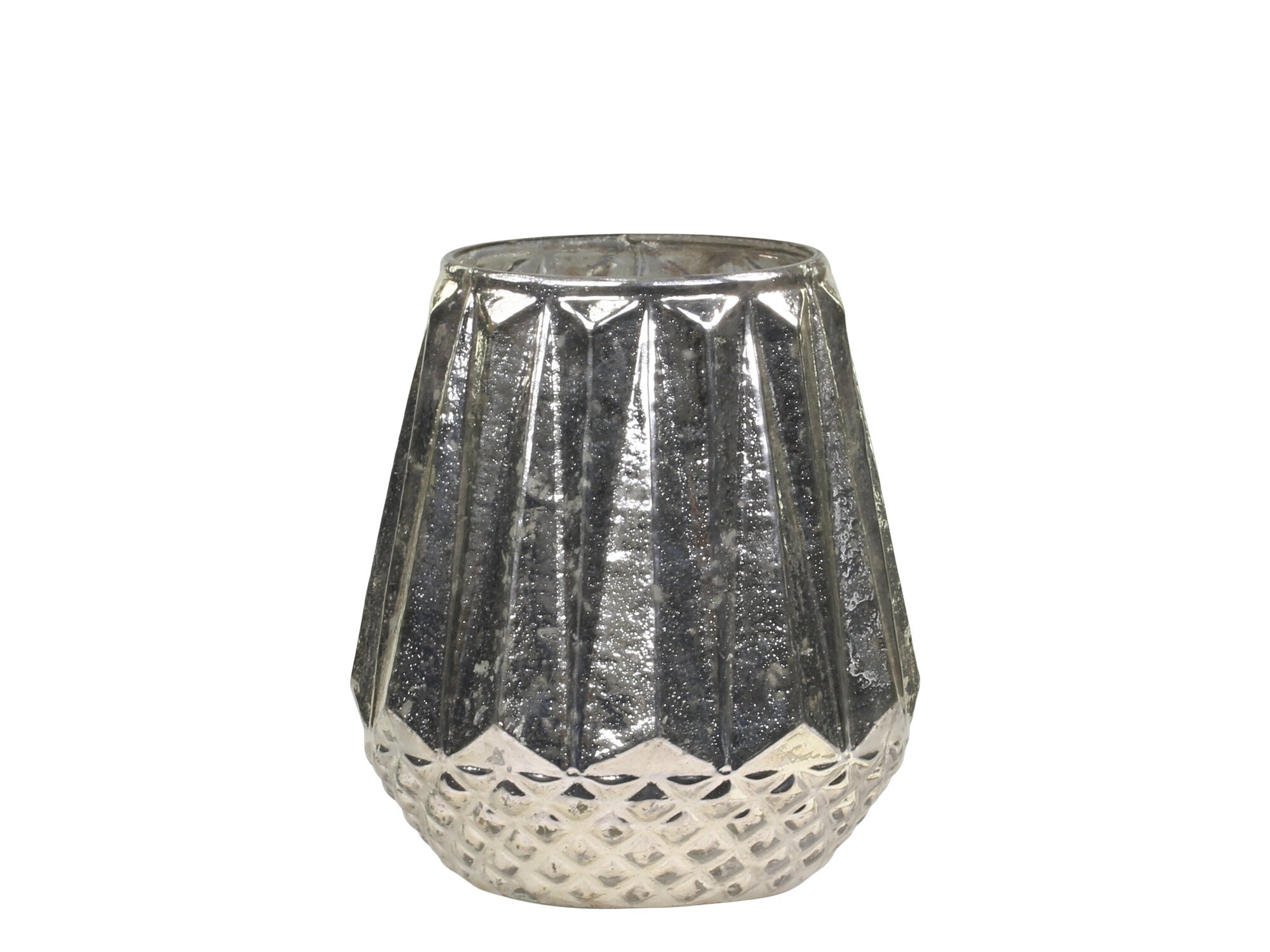 Diamantförmiges Windlicht mit Rillen, antik silber Ø11 x H13 cm