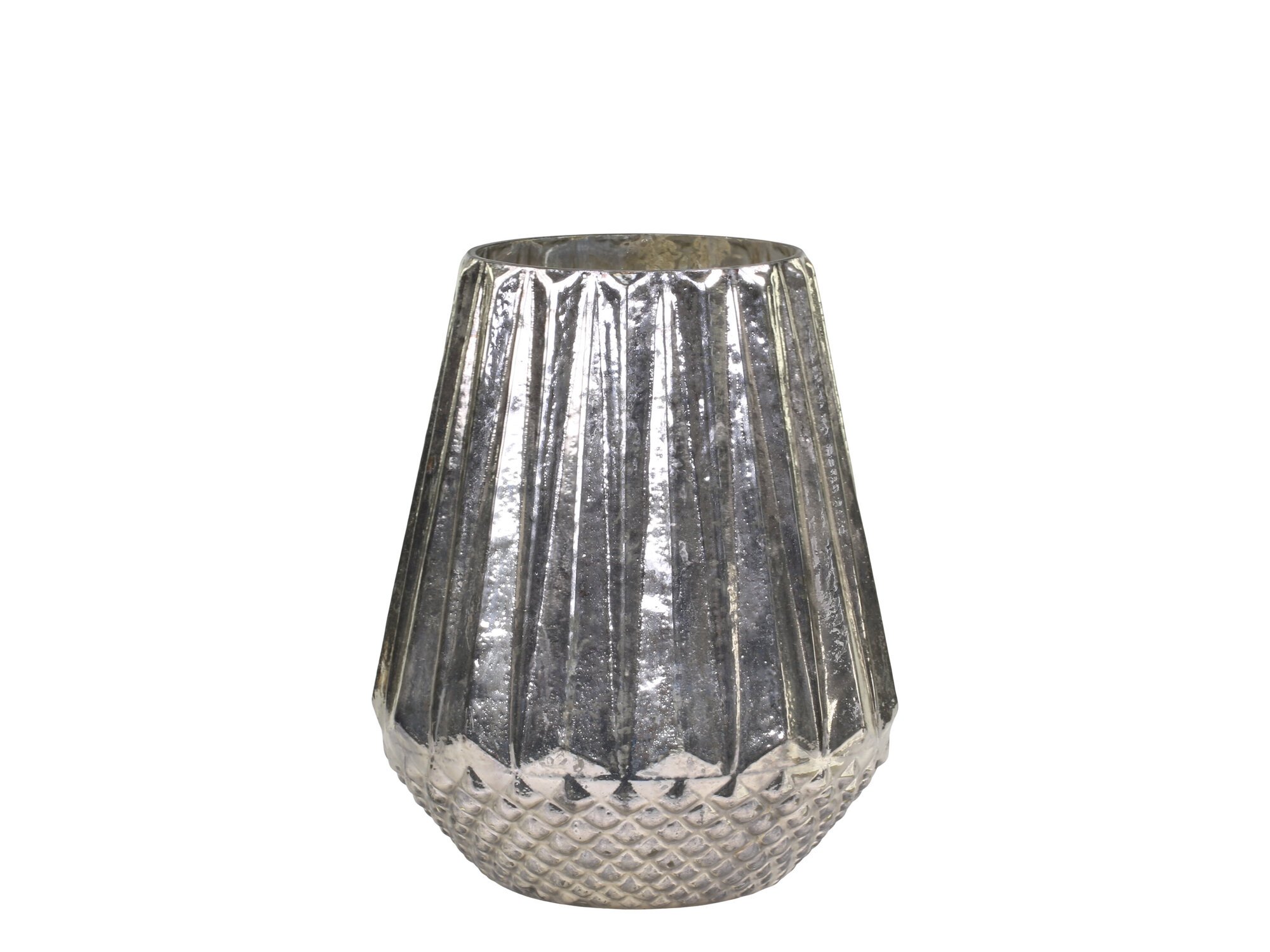 Diamantförmiges Windlicht mit Rillen, antik silber Ø16 x H20 cm