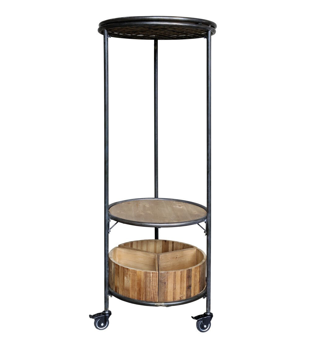 Display auf Rädern mit 3 Regalen und 3 Holzkisten, schwarz 