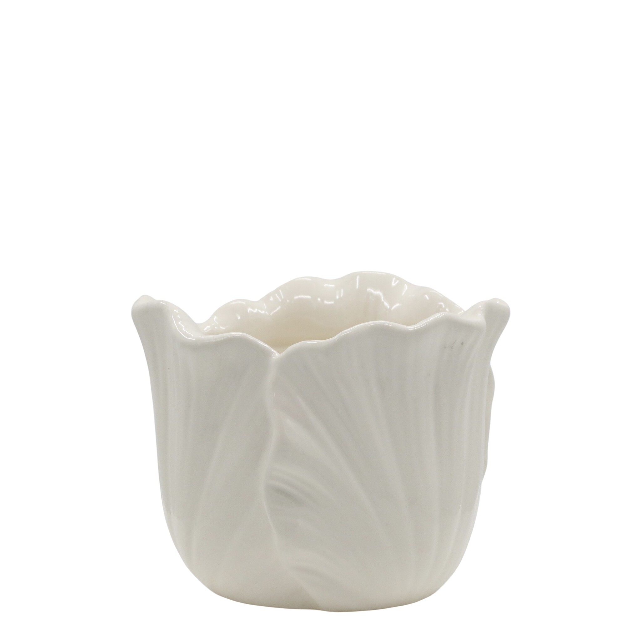 Fayence Blumentopf mit Blätter, creme Höhe 11, Ø 14 cm