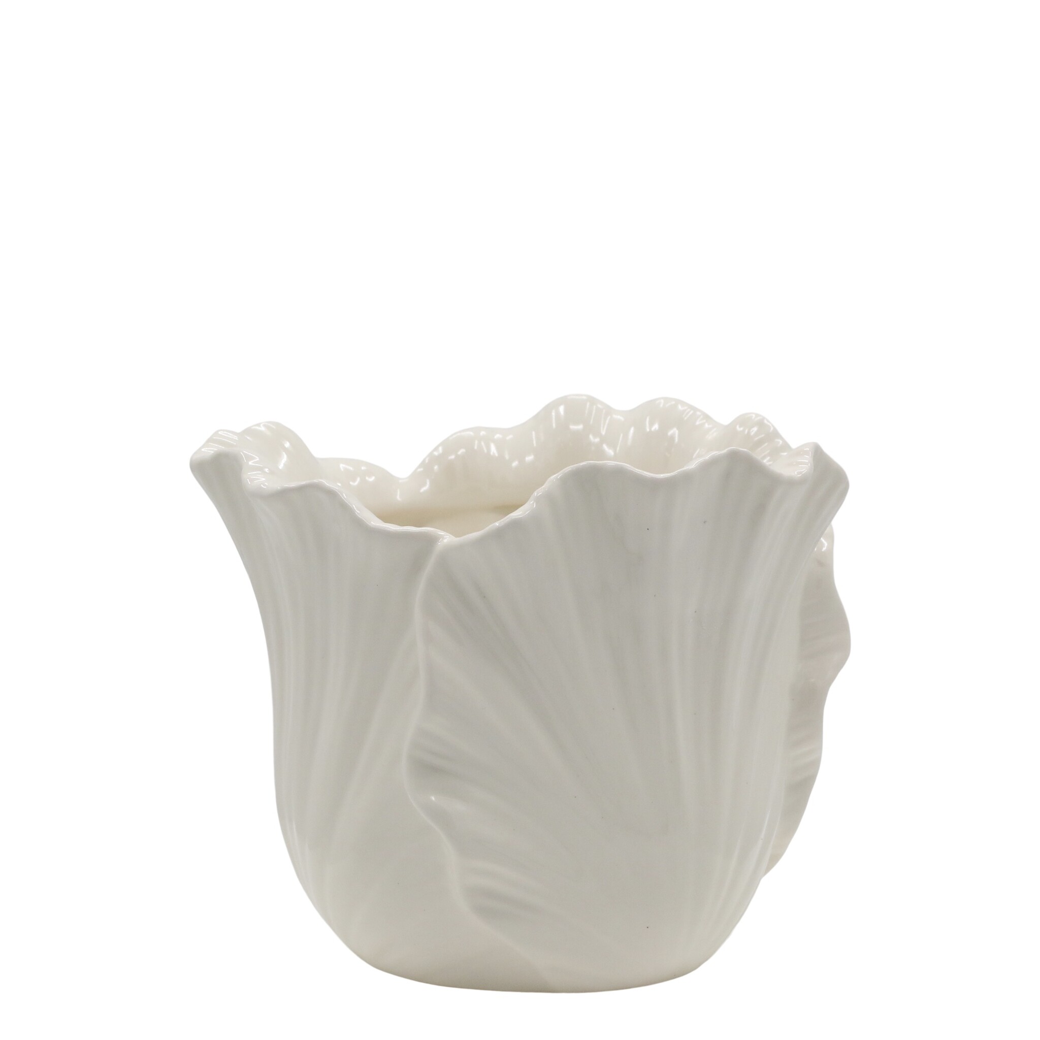 Fayence Blumentopf mit Blätter, creme Höhe 13, Ø 16,5 cm