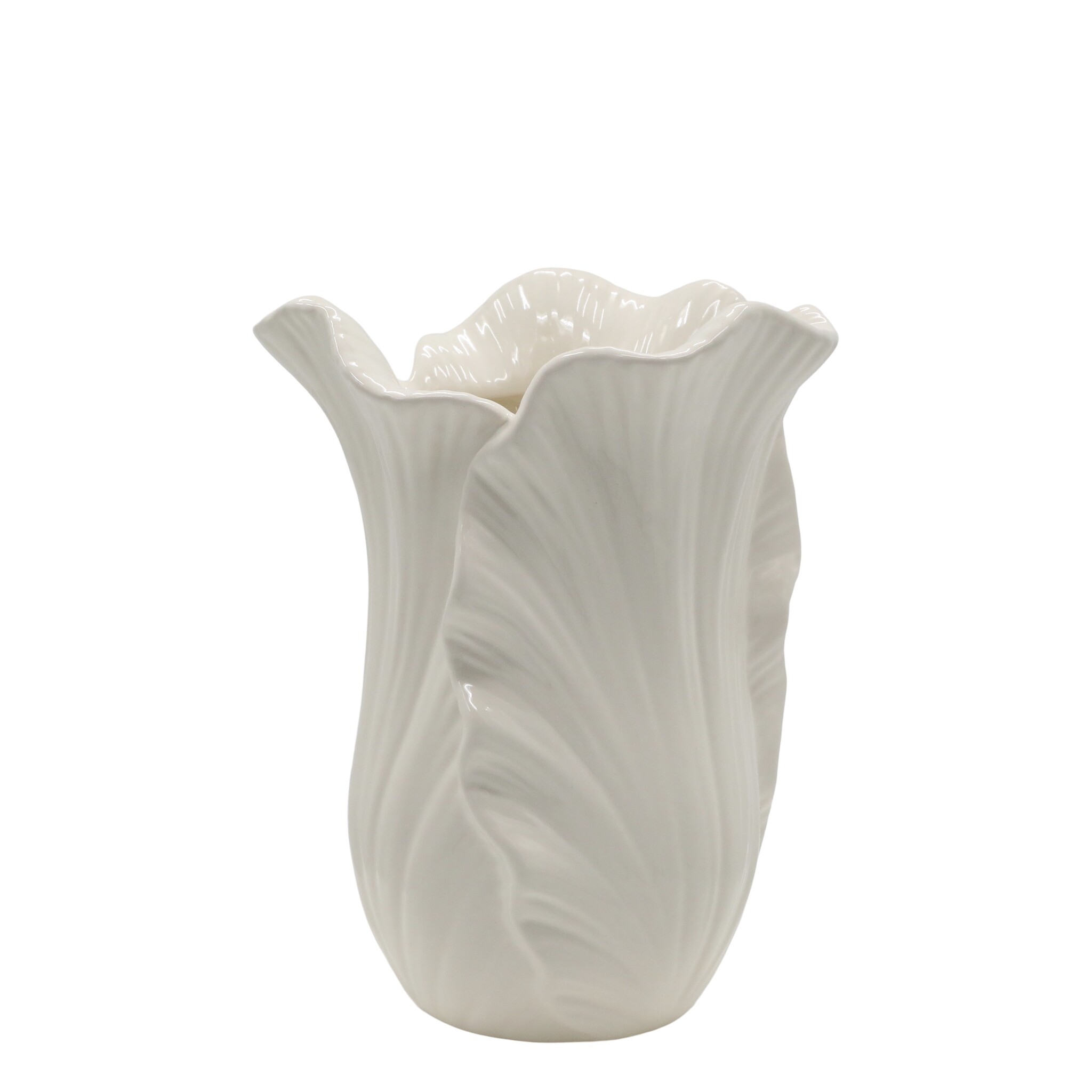 Fayence Blumentopf mit Blätter, creme Höhe 19, Ø 14,5 cm