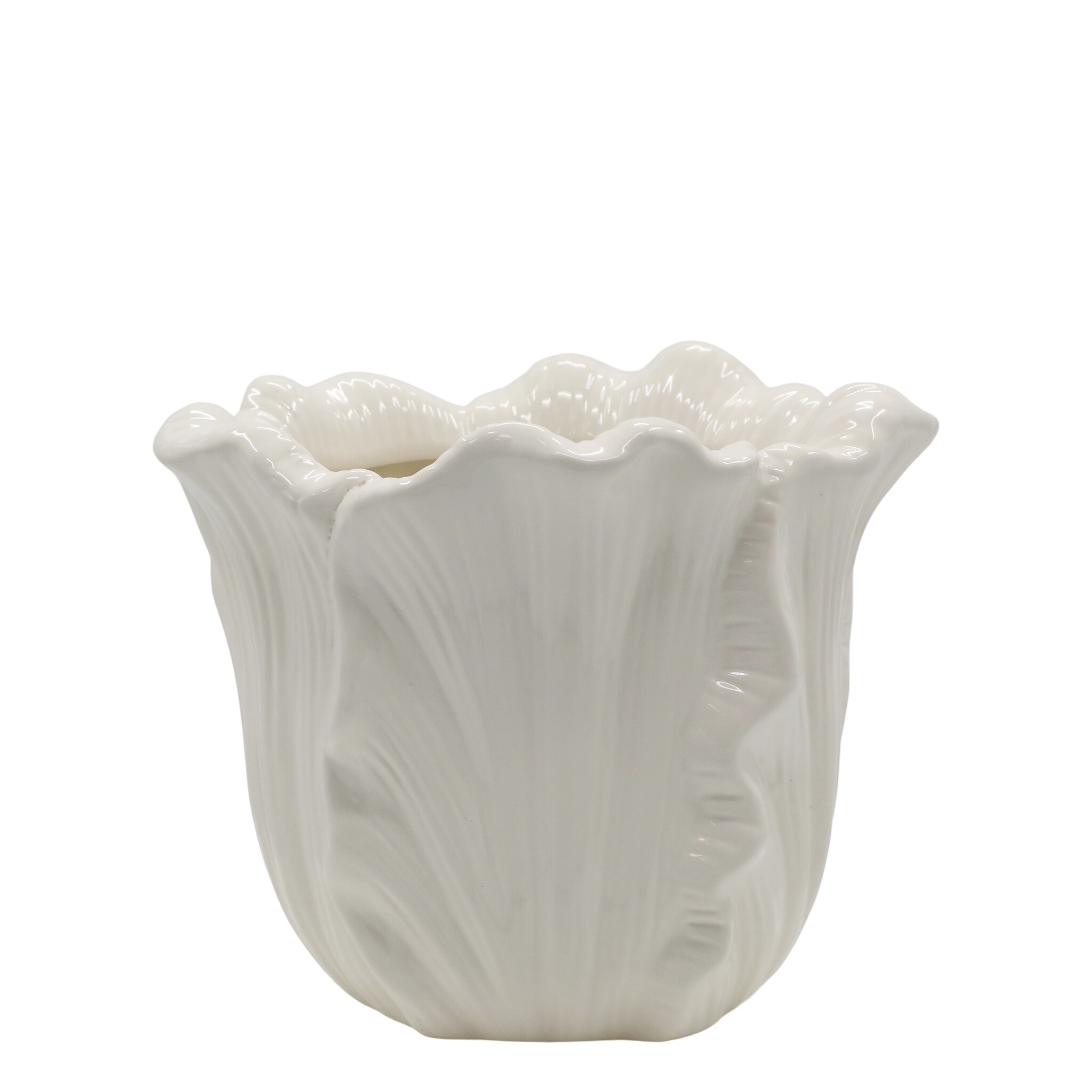 Fayence Blumentopf mit Blätter, creme Höhe 16, Ø 18 cm