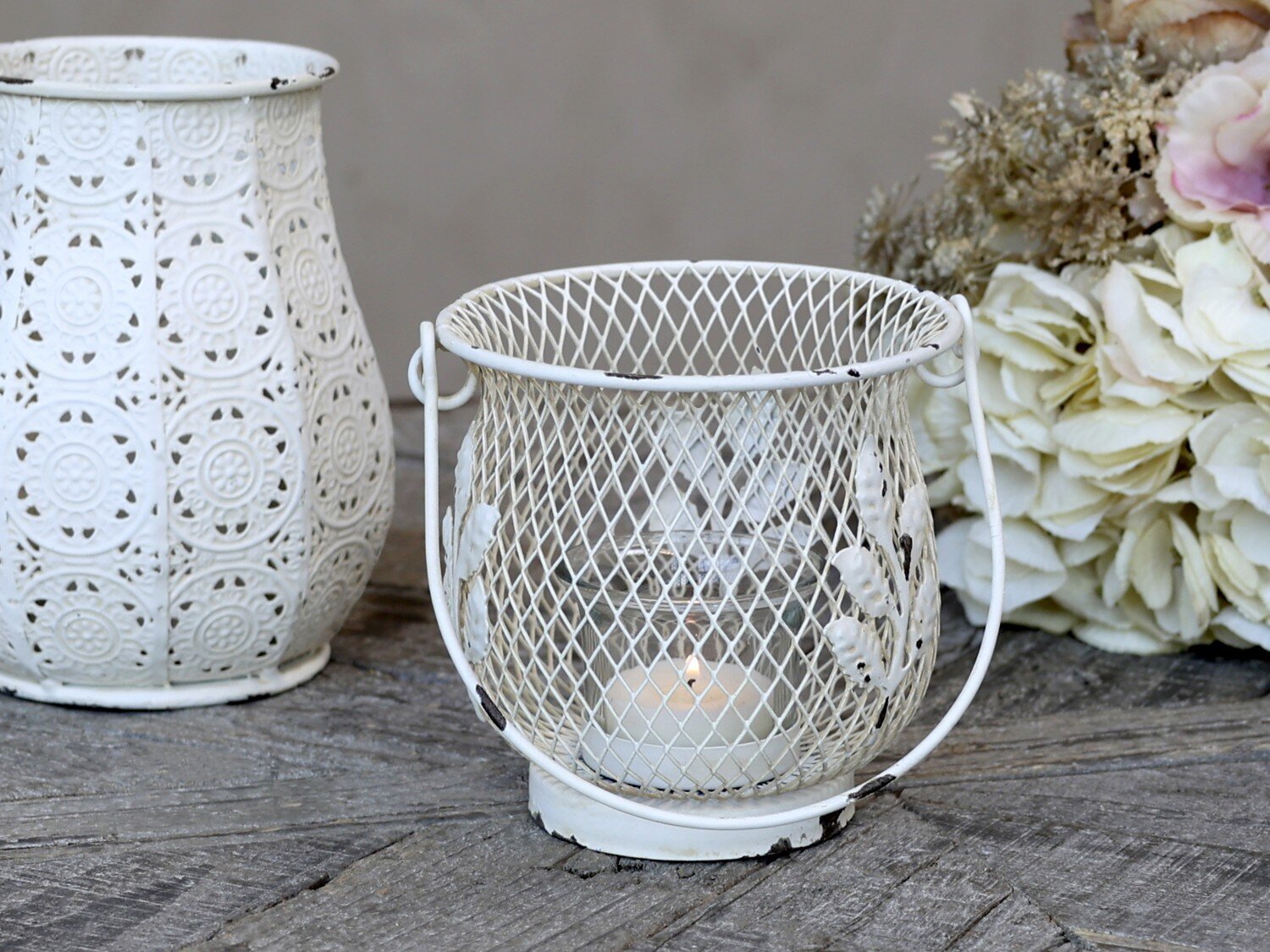 Fil De Fer Hurricane Windlicht mit Henkel, antik creme