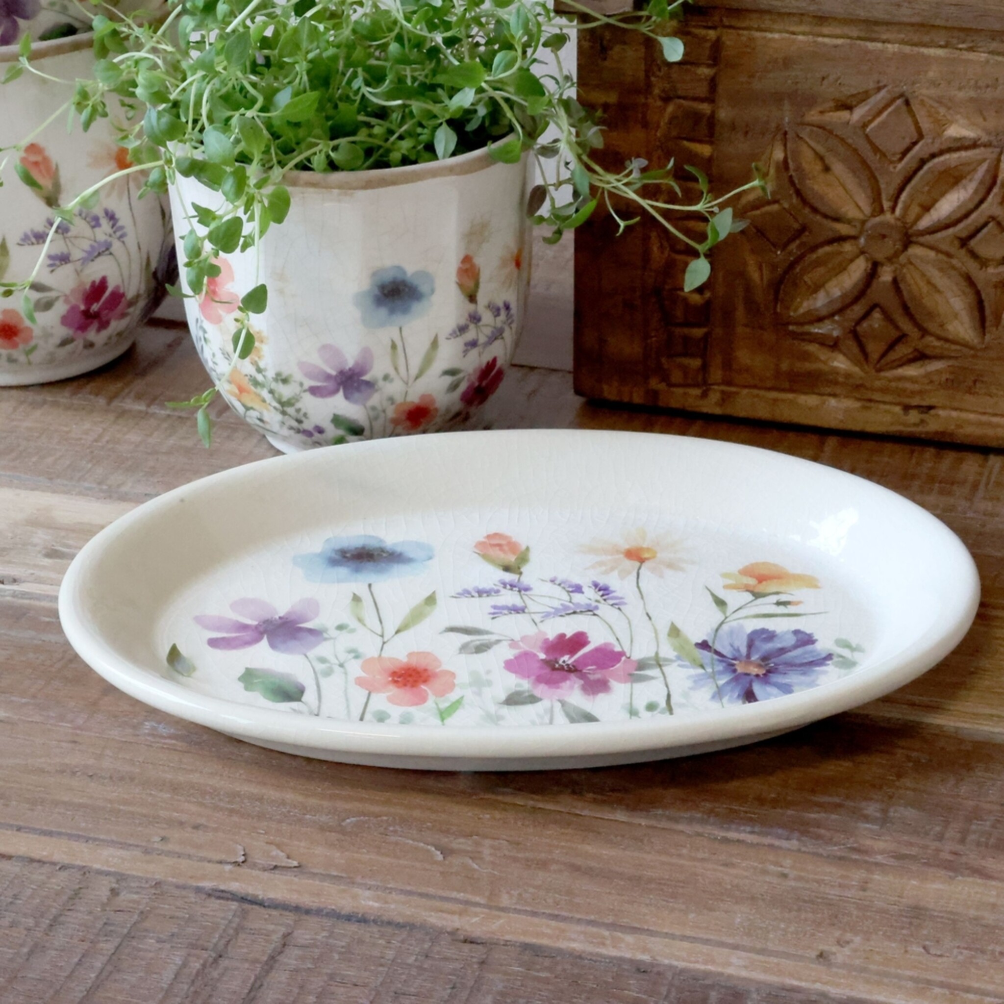 Fleurville Tablett – Romantisches Keramiktablett im Landhausstil, creme 