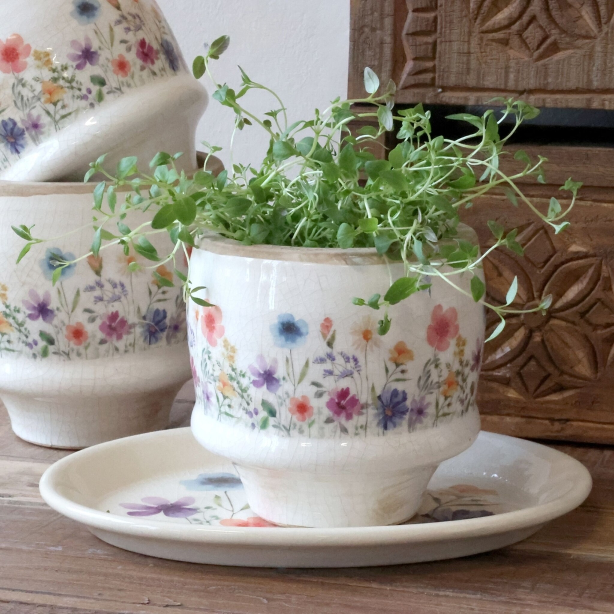 Fleurville Übertopf – Vintage Keramik Blumentopf, creme 10 cm, Ø12 cm