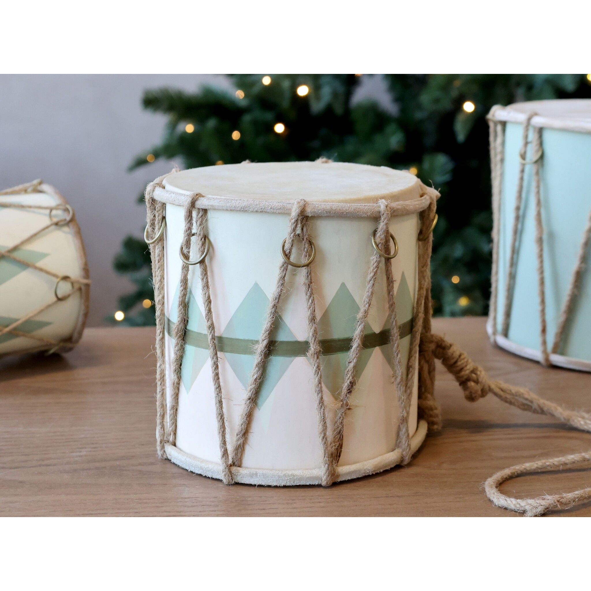 Handgemachte Vintage Trommel mit Leder, salbei Höhe 16, Ø 17 cm