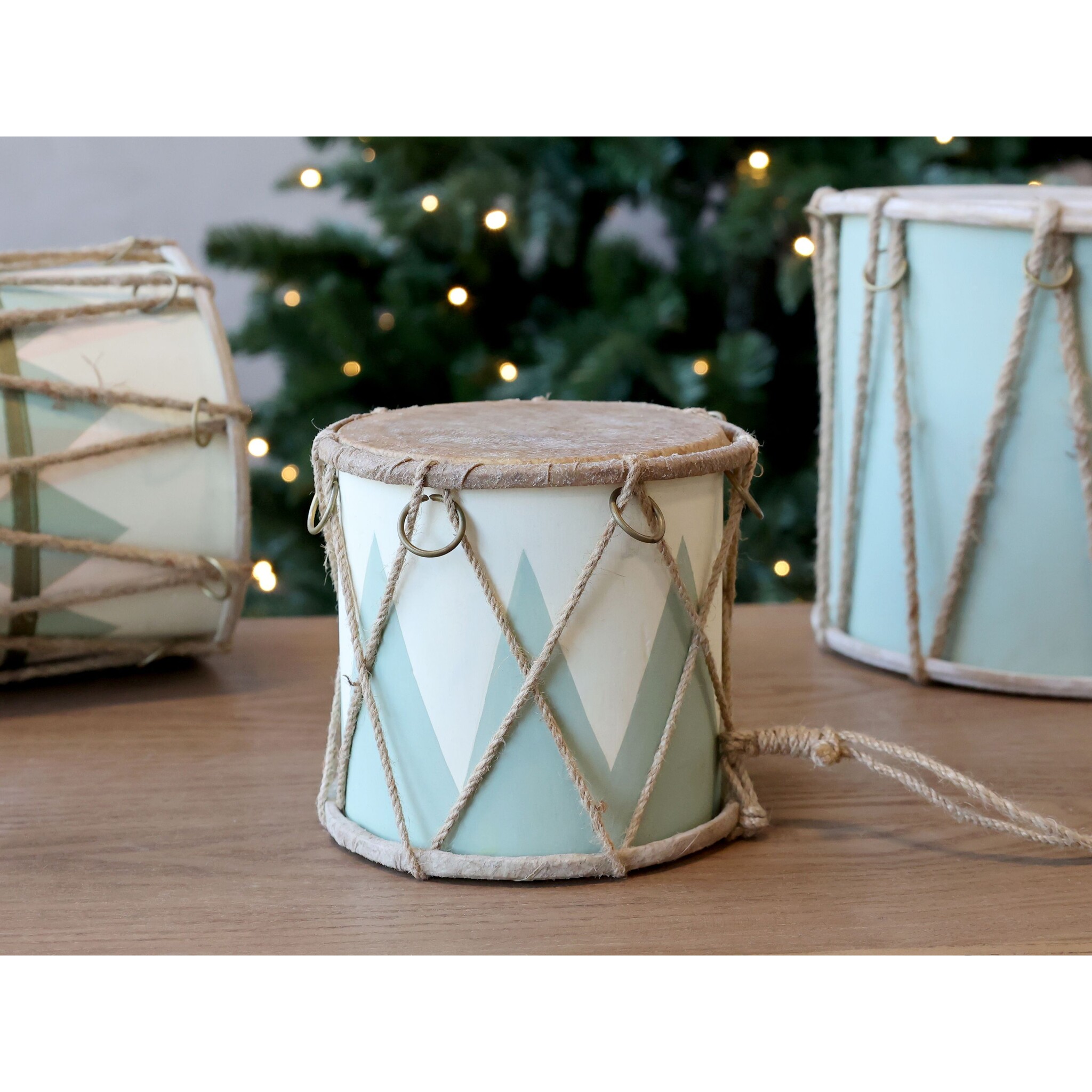 Handgemachte Vintage Trommel mit Leder, salbei Höhe 12, Ø 13 cm