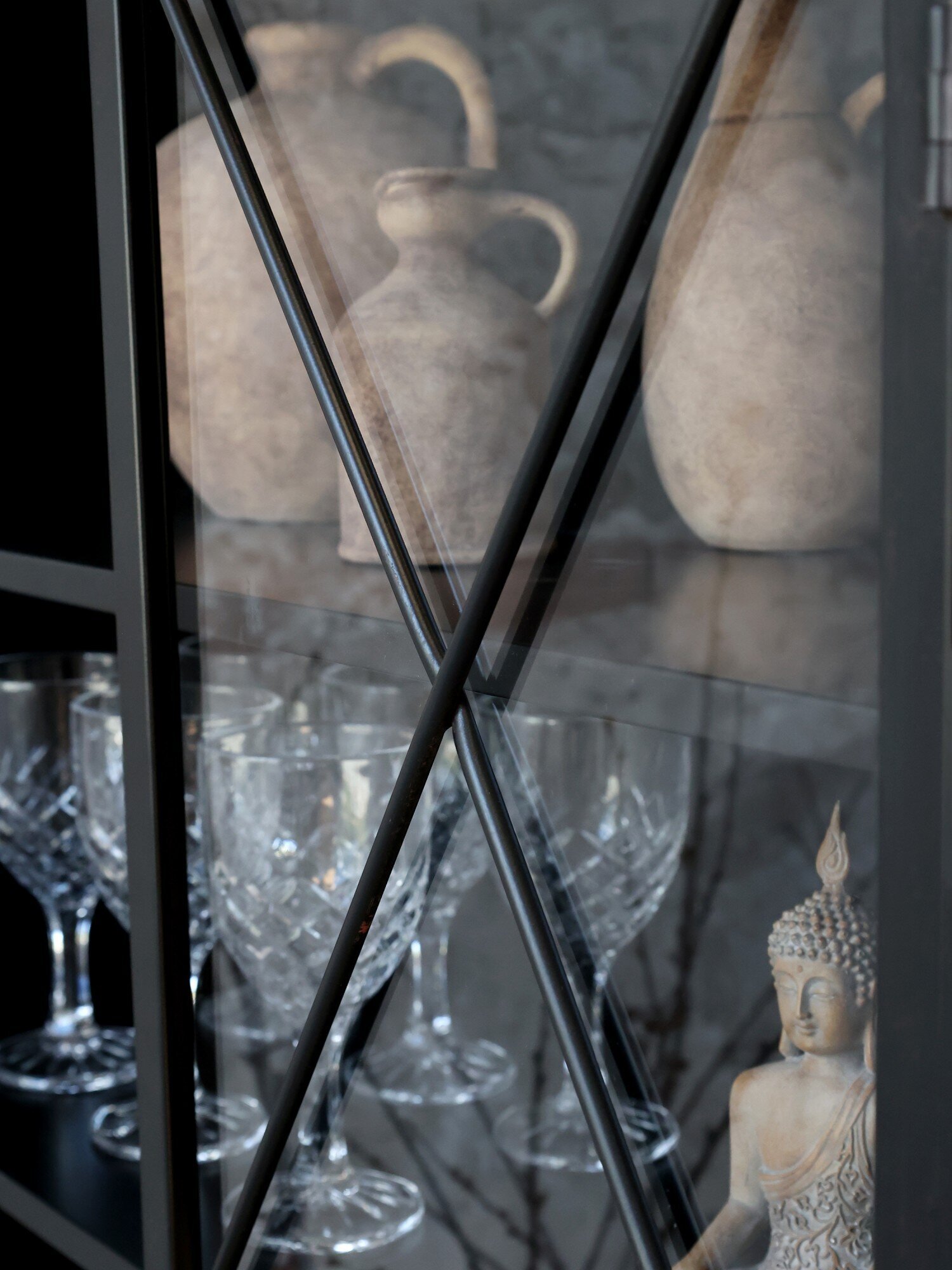 Industrial Vitrinenschrank Factory Rädern mit Glastüren, schwarz 