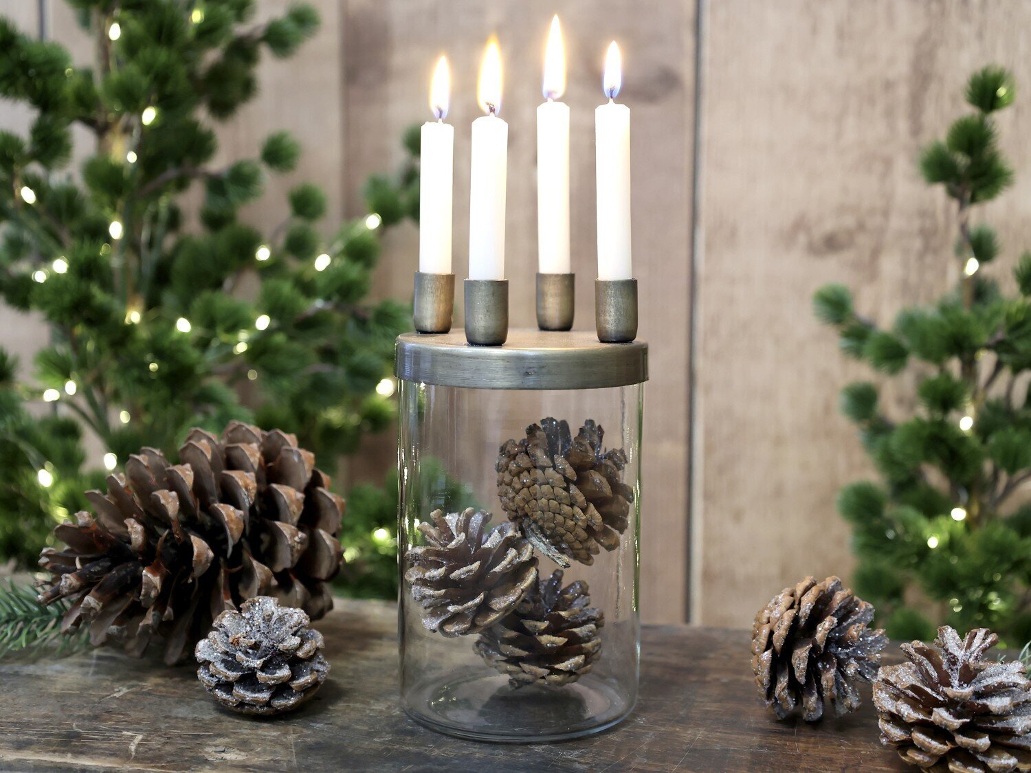 Kerzenständer mit Glas mit 4 Haltern, Messinglook, messing