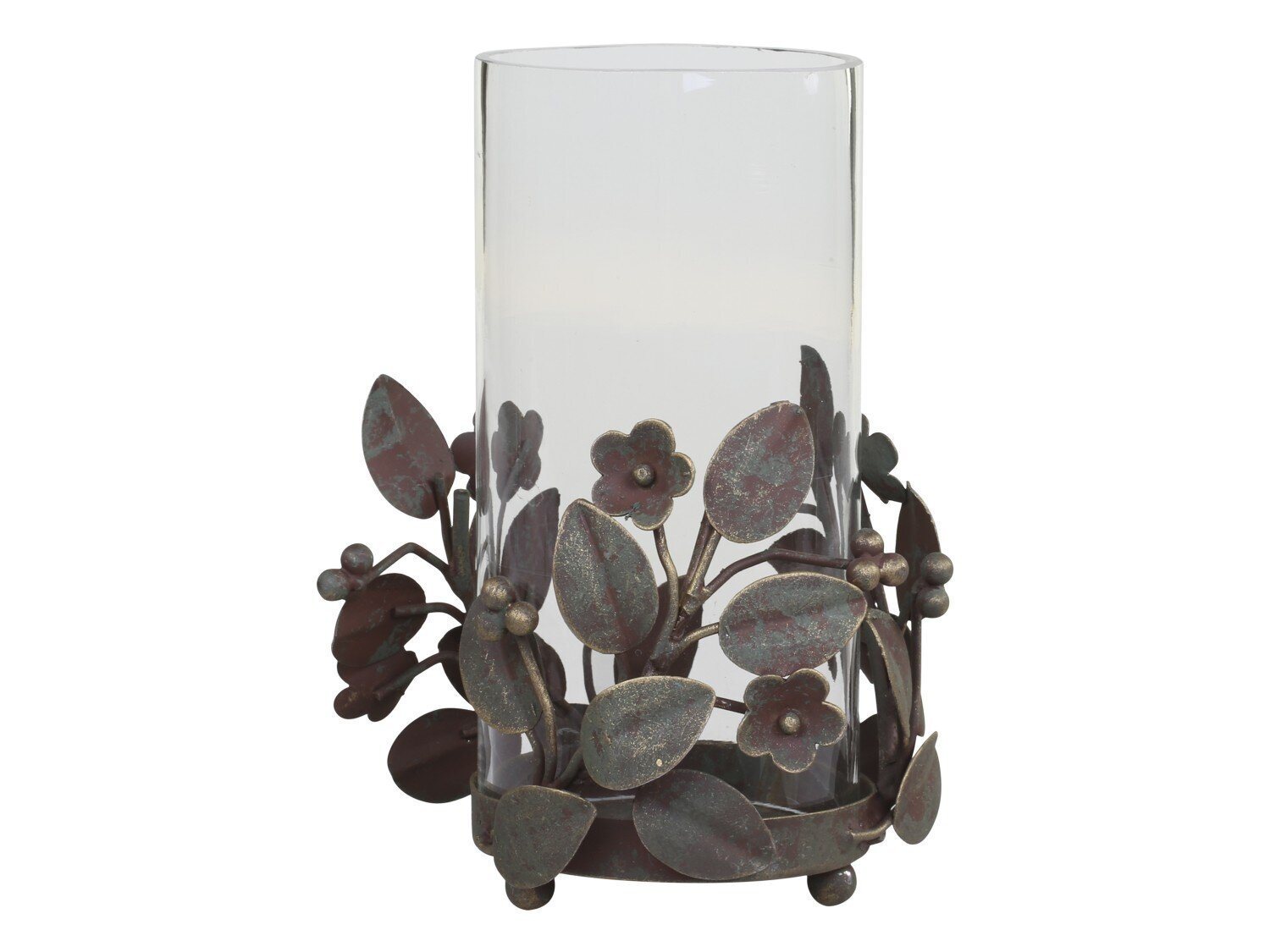 Kerzentablett mit Blättern & Glas, antik messing