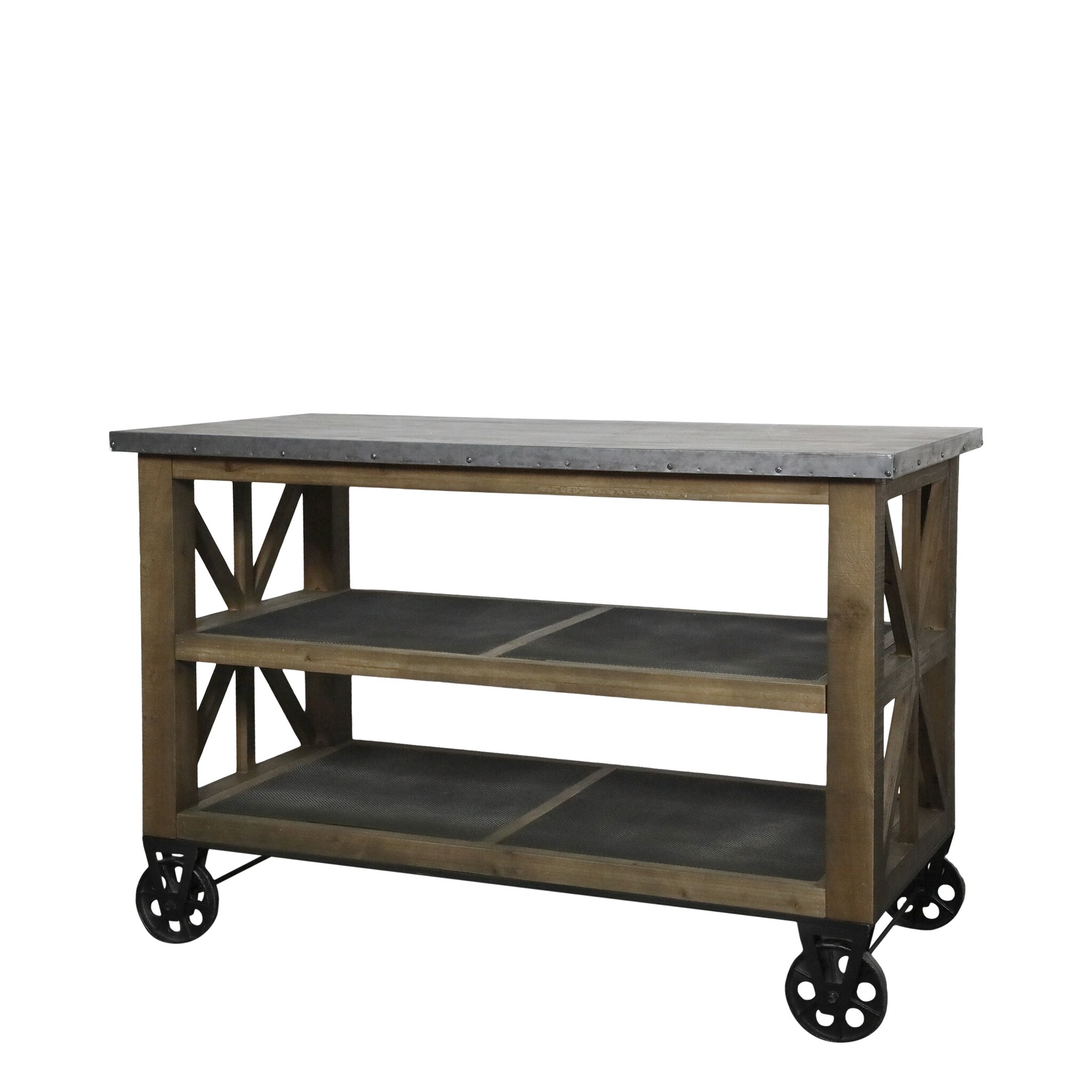 Kücheninsel auf Rädern mit Zinktop und Regalen, natur 