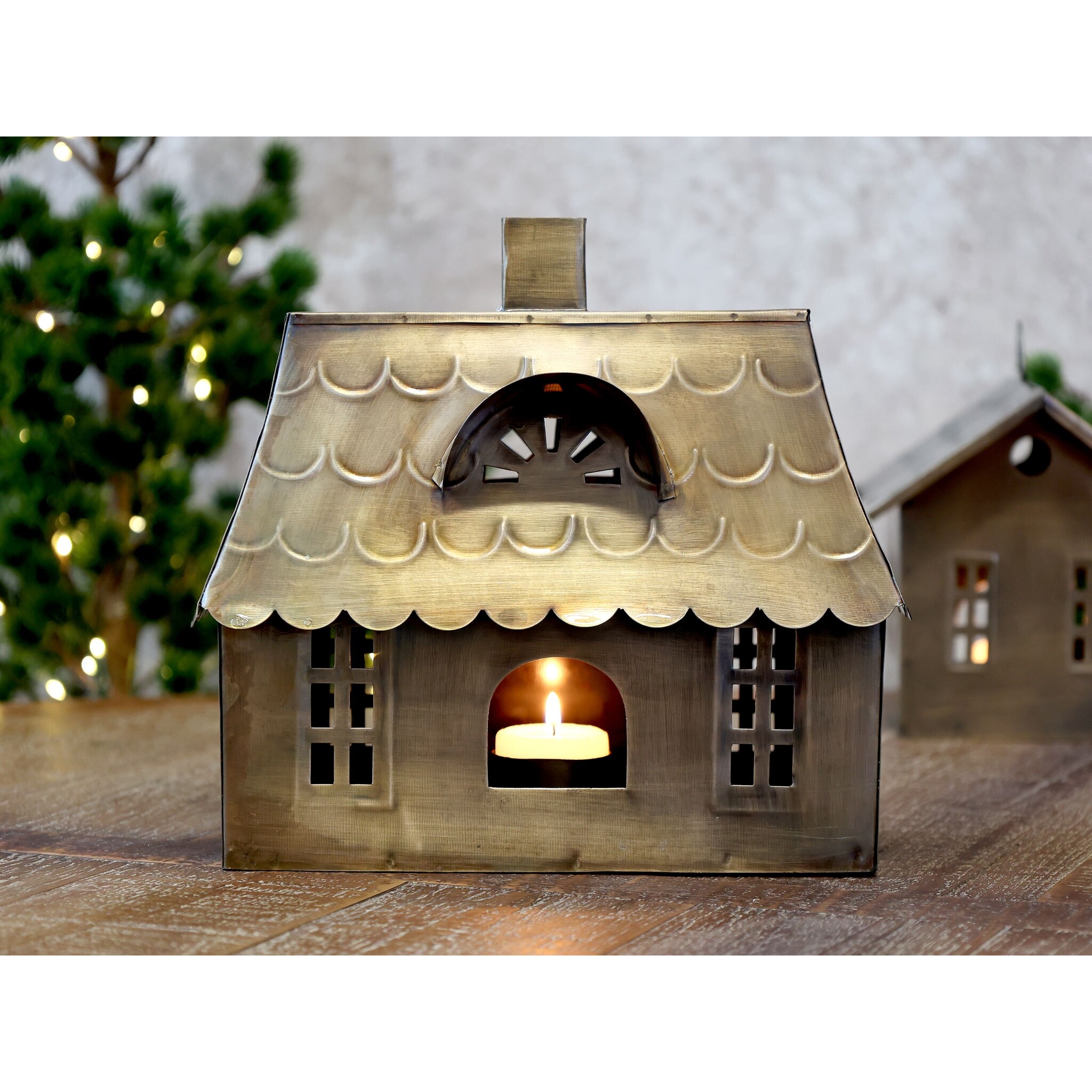 Lichthaus Doppelhaus aus Metall, antique messing