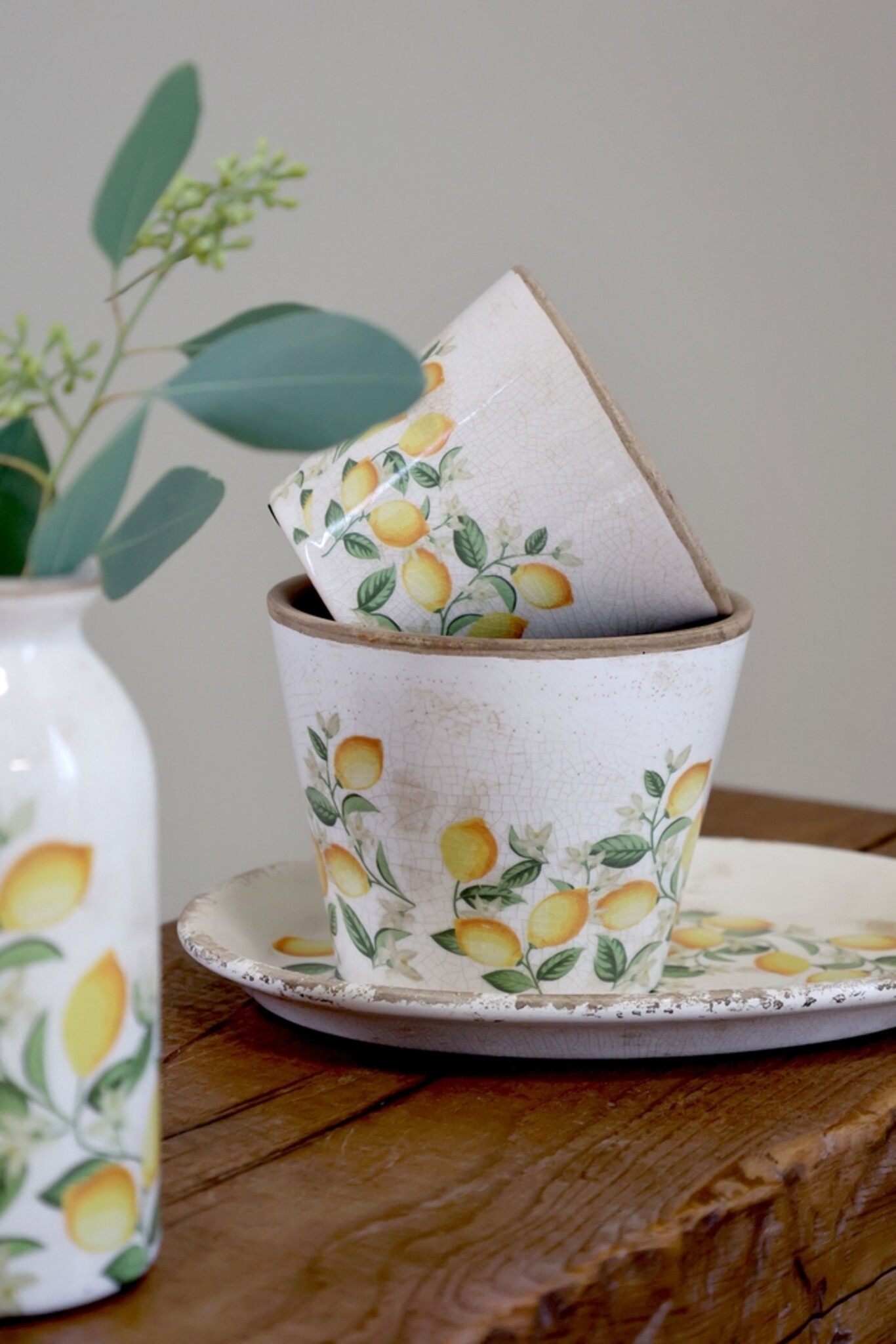 Übertopf Limone Blossom – Vintage Keramik mit Zitronenmotiv, creme 10,5 cm, Ø 13,5 cm