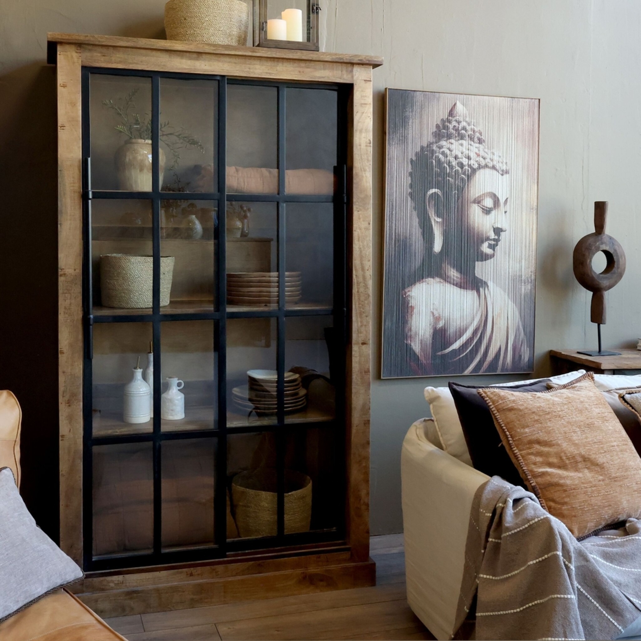 Vitrinenschrank Paris – Landhausstil mit Schiebetüren, natur 110 x 45 x 190 cm