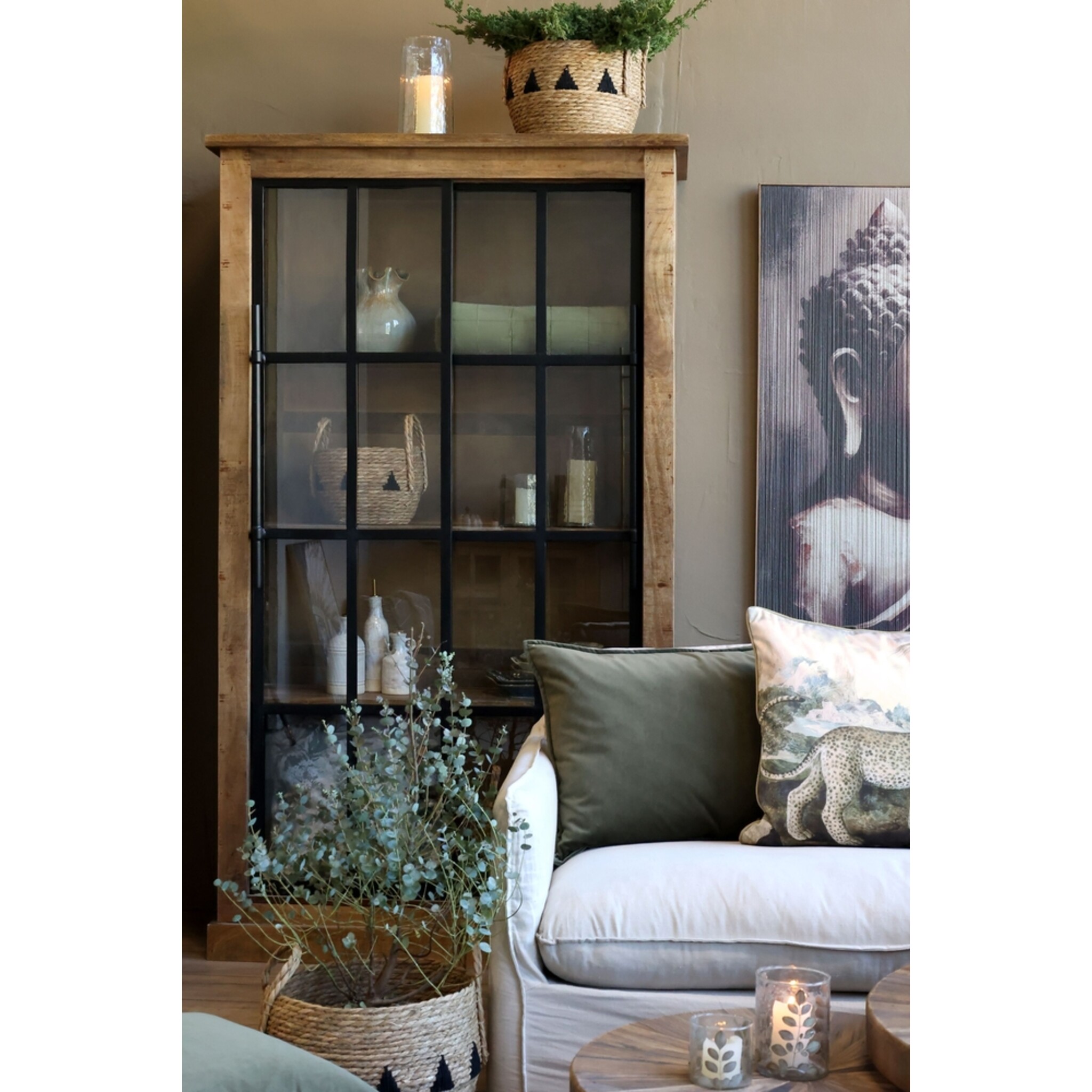 Vitrinenschrank Paris – Landhausstil mit Schiebetüren, natur 110 x 45 x 190 cm