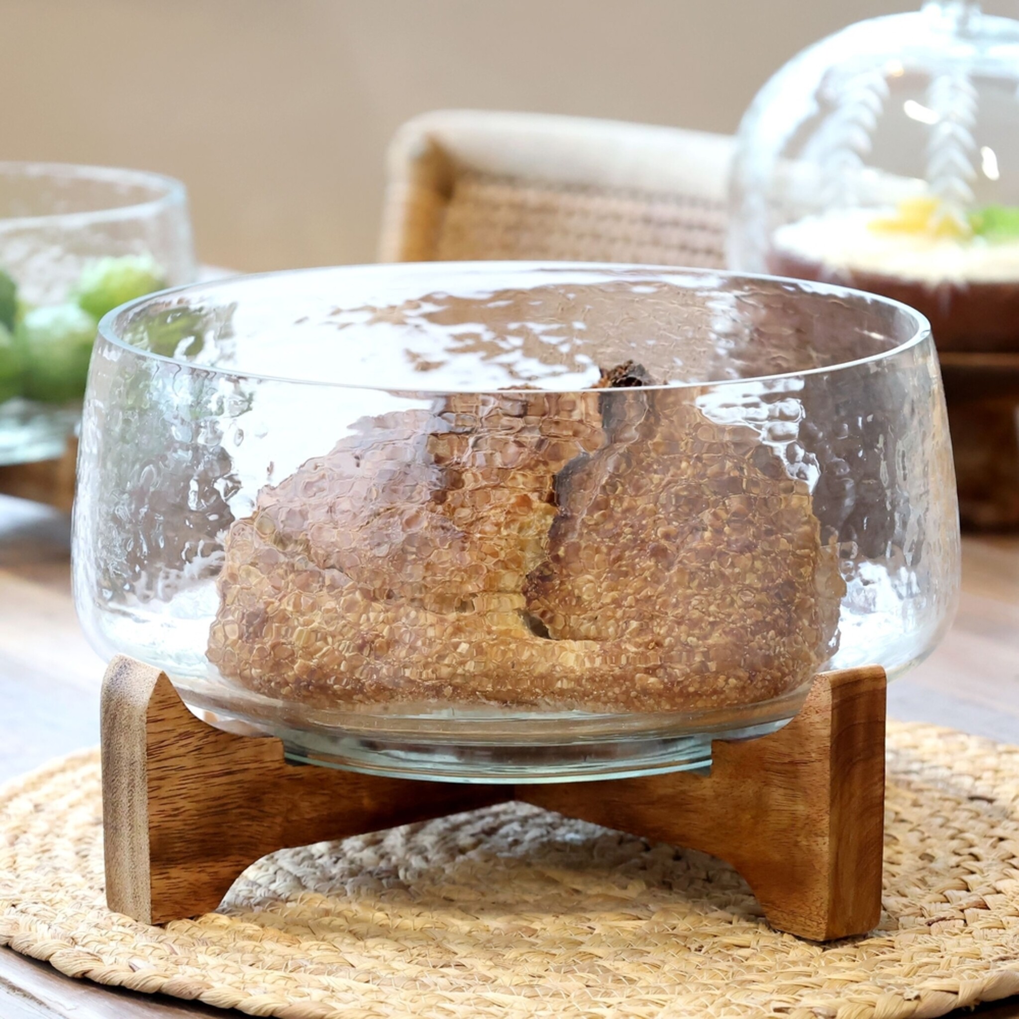 Chic Antique Glas Tablett mit Holzsockel, natur 16,5 cm, Ø 24,5 cm