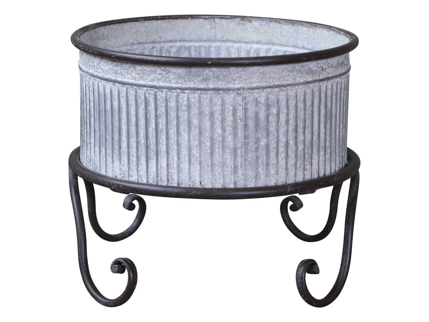 Übertopf mit Rillen auf Fuß, antik zink H23/Ø27,5 cm
