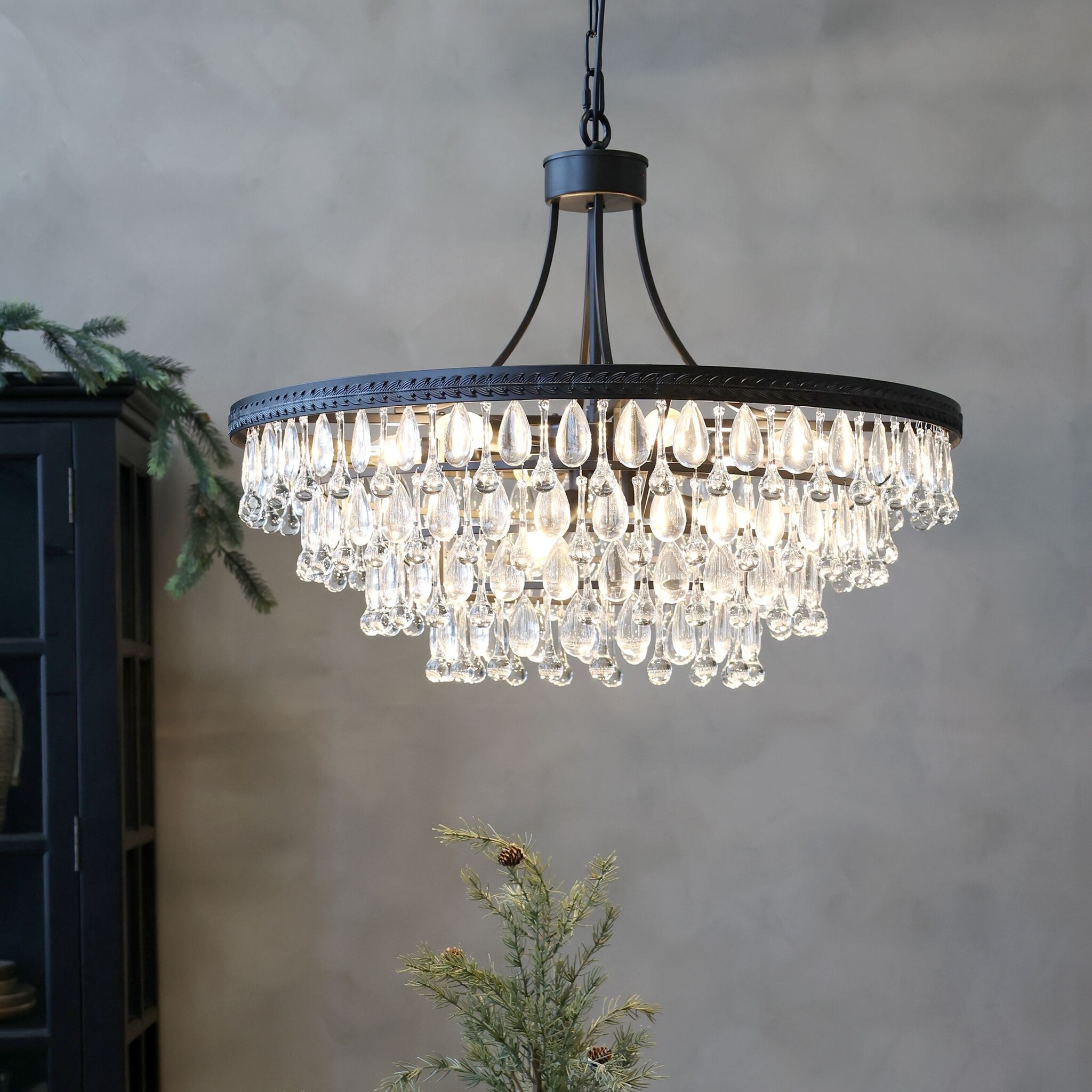 Versailles Kronleuchter mit tropfenformigen Glasprismen, schwarz Höhe 59, Ø 90 cm