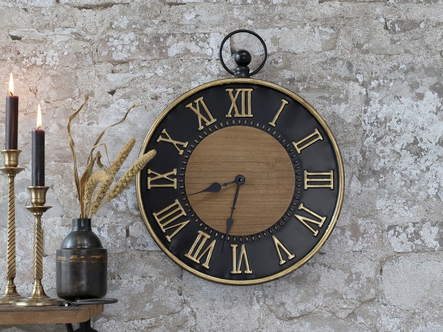 Wanduhr antik schwarz, messingfarben, schwarz 