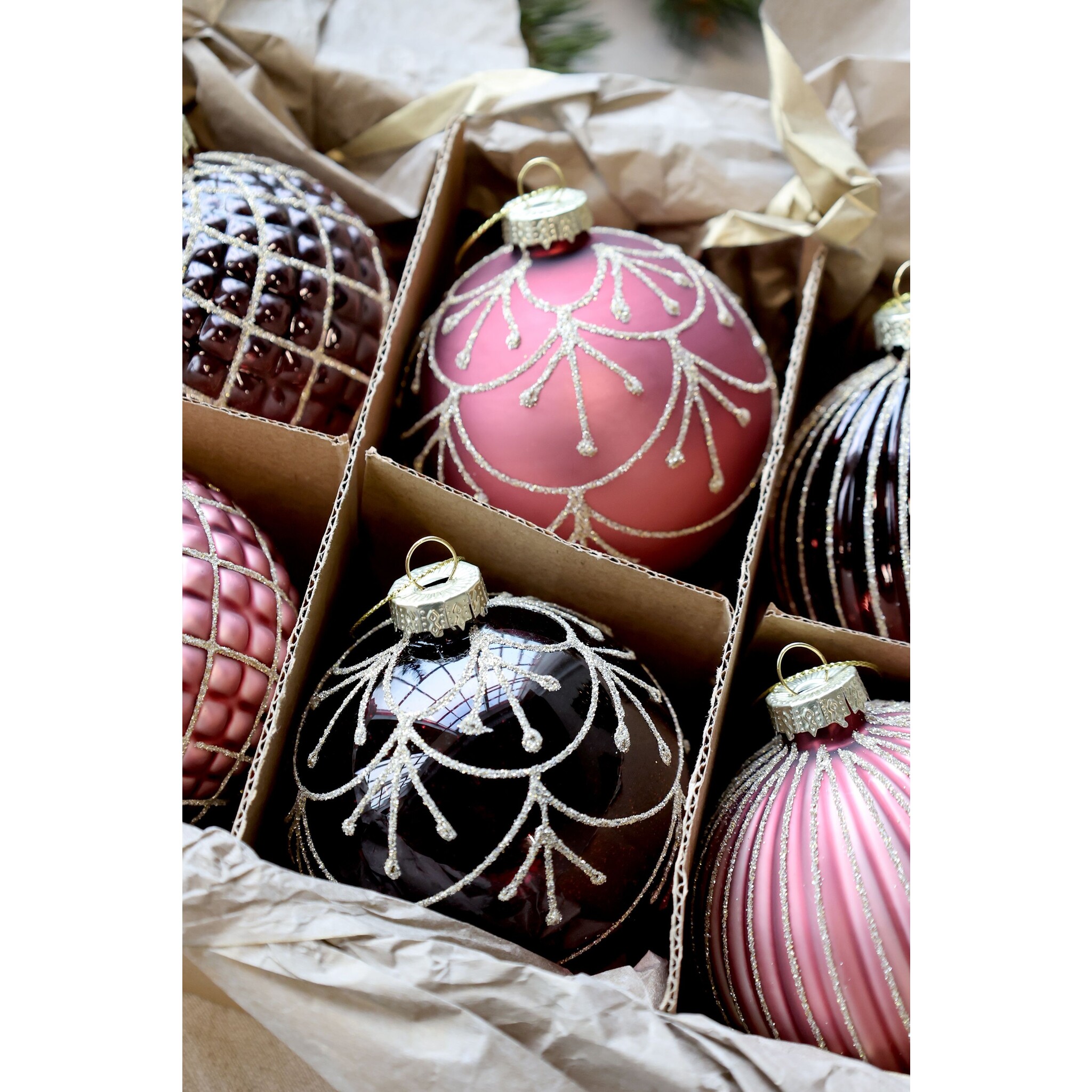 Weihnachtskugeln in einer Schachtel 6er-Set, mauve