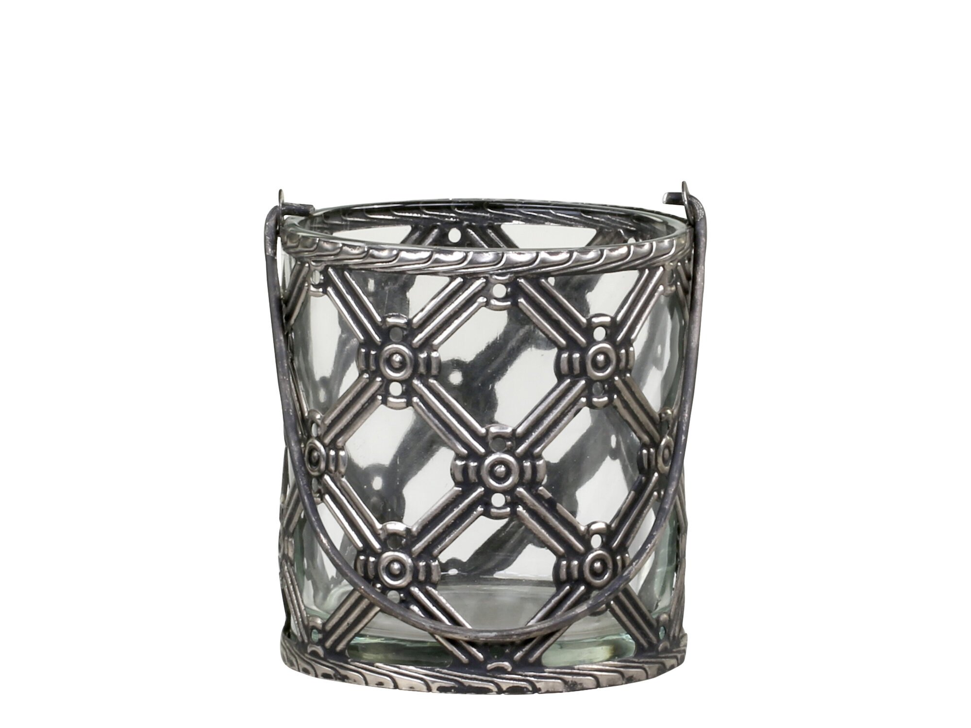 Windlicht mit Henkel und Karomuster, antik silber 