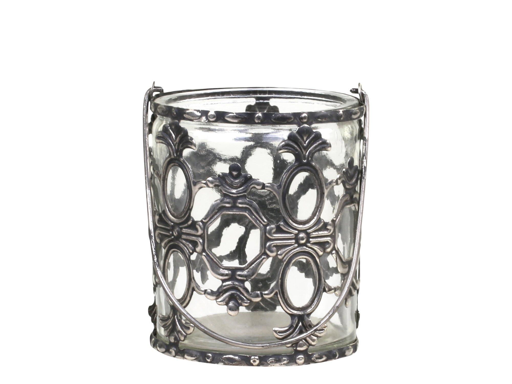 Windlicht mit Henkel und Lilienmuster, antik silber 