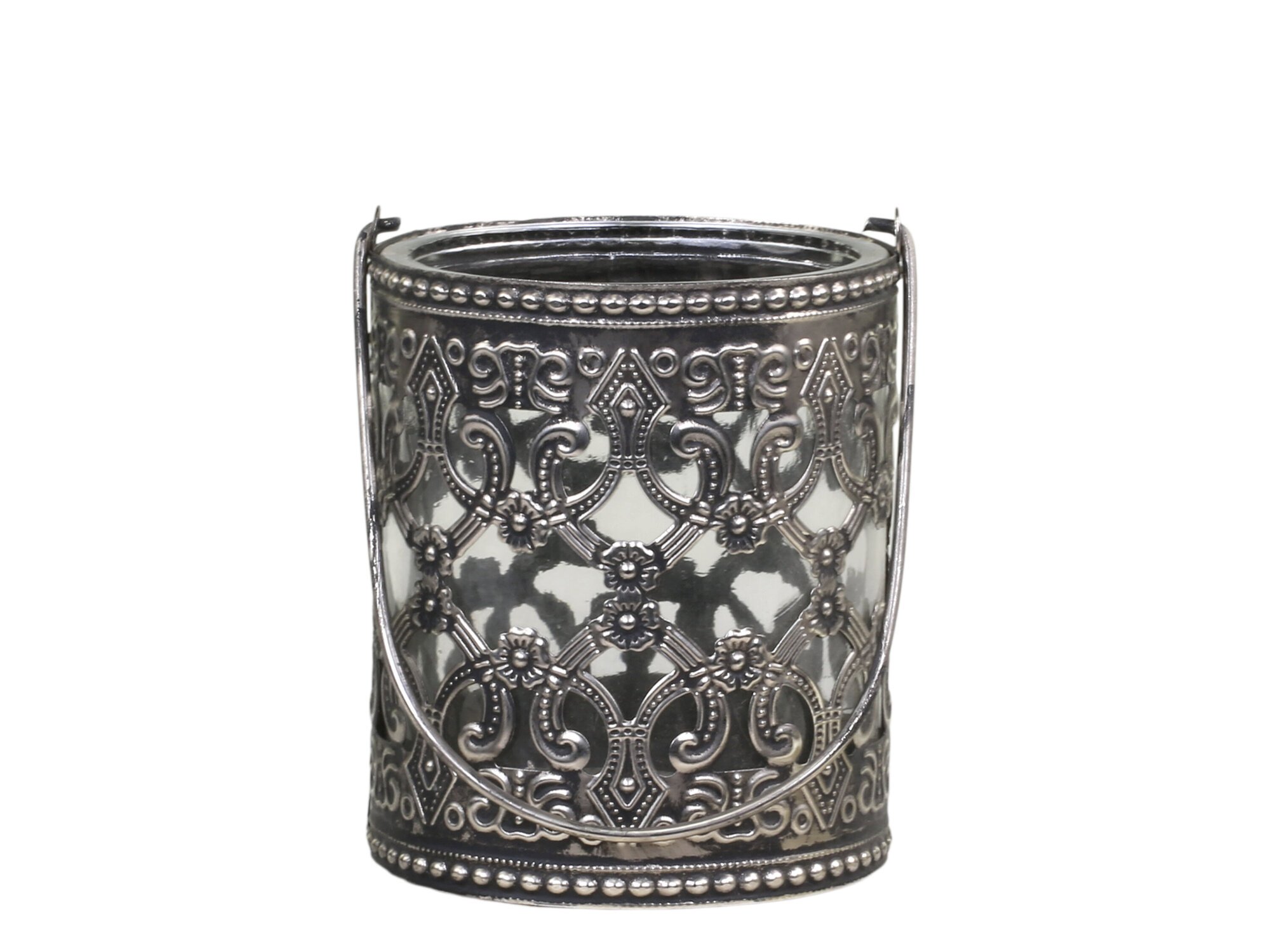 Windlicht mit Henkel und royalem Muster, antik silber Ø8 x H10,5cm