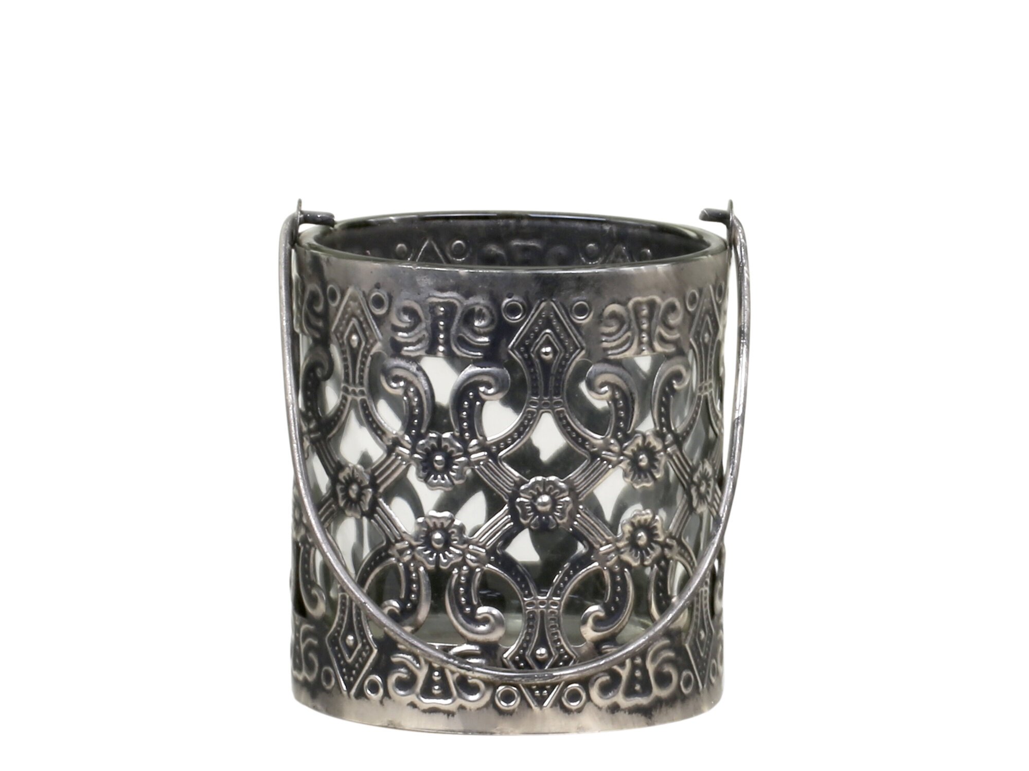 Windlicht mit Henkel und royalem Muster, antik silber Ø7,5 x H8cm