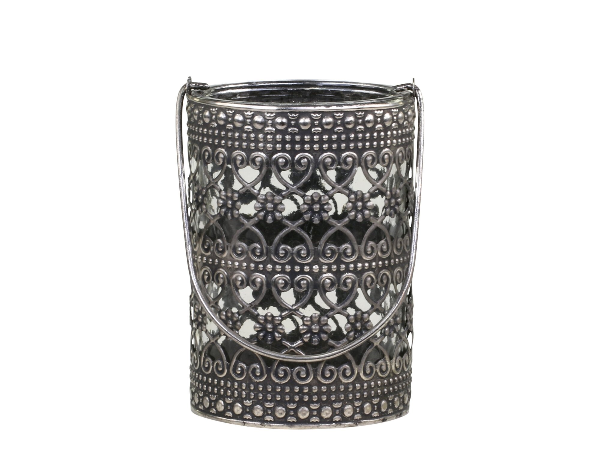 Windlicht mit Henkel und Schnörkeln, antik silber Ø8 x H12cm