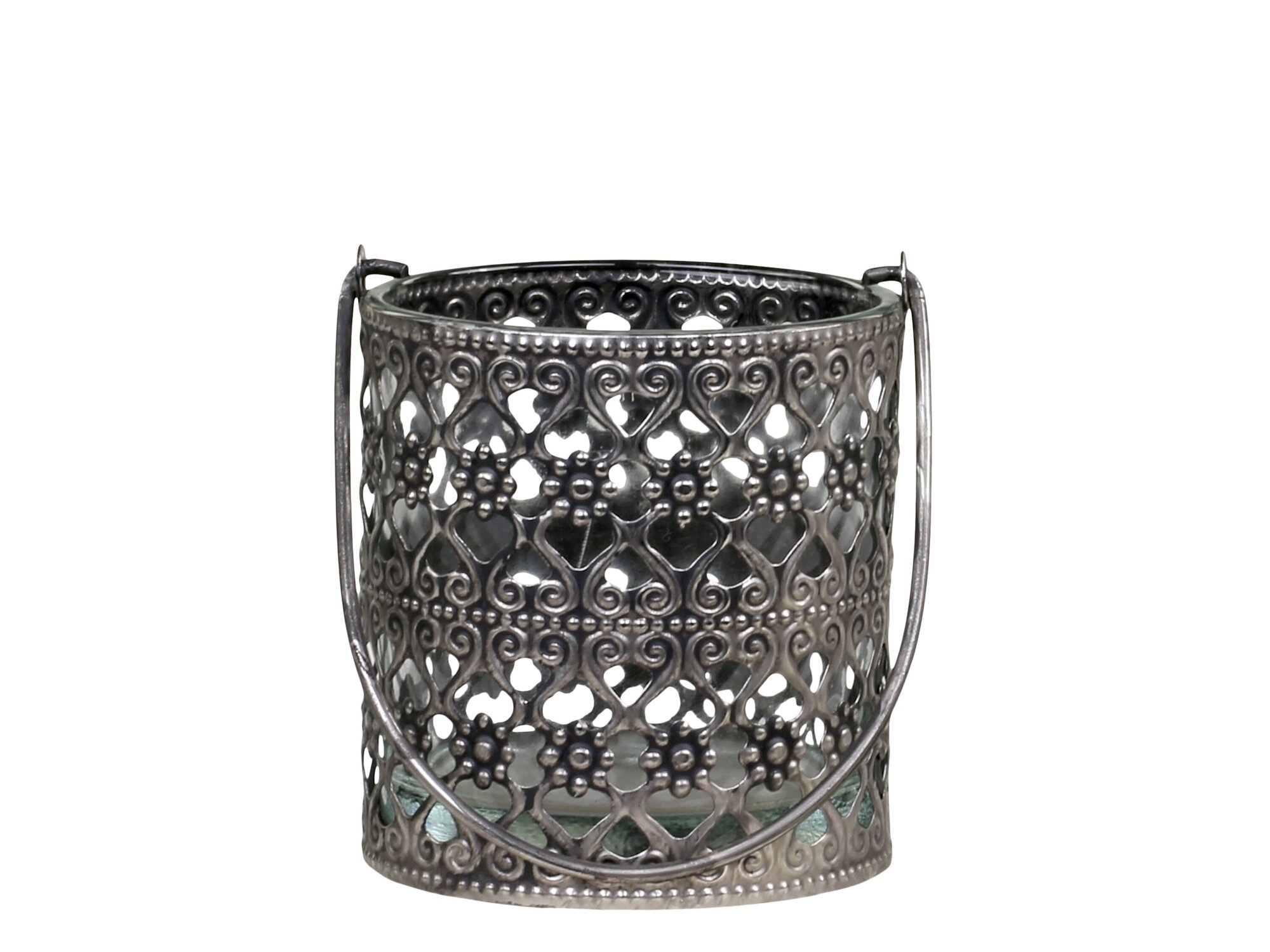 Windlicht mit Henkel und Schnörkeln, antik silber Ø7,5 x H8cm