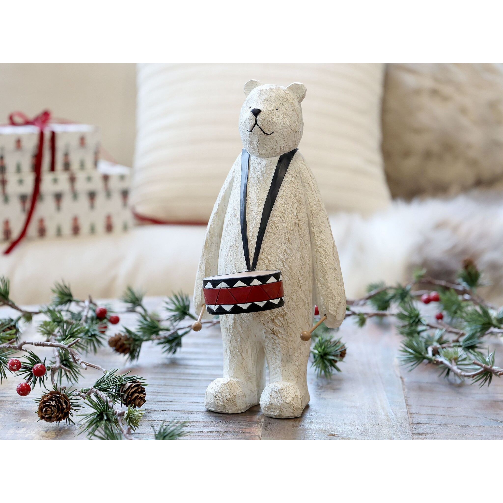 Winterliche Bären Figur mit Trommel, weiß 