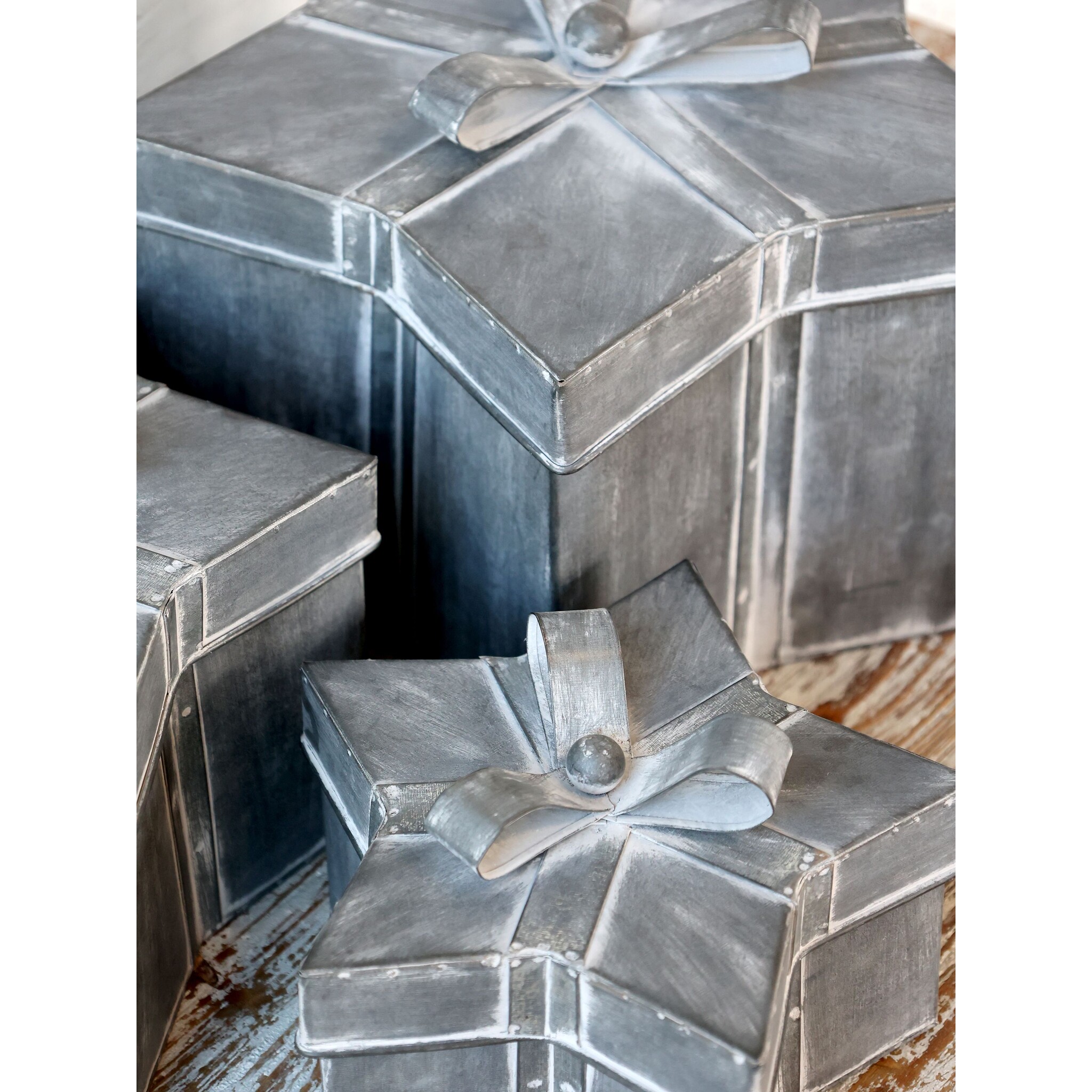 Winterliches Geschenkbox 3er-Set mit Schleife, antique zink 